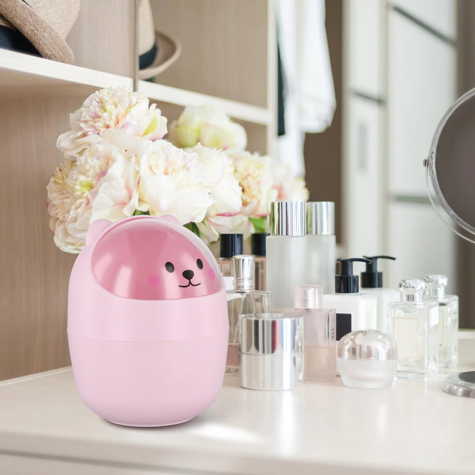 Poubelle de Table Ministère avec Couvercle, Porte Stylo Amovible, Corbeille à Papier Plastique Rose