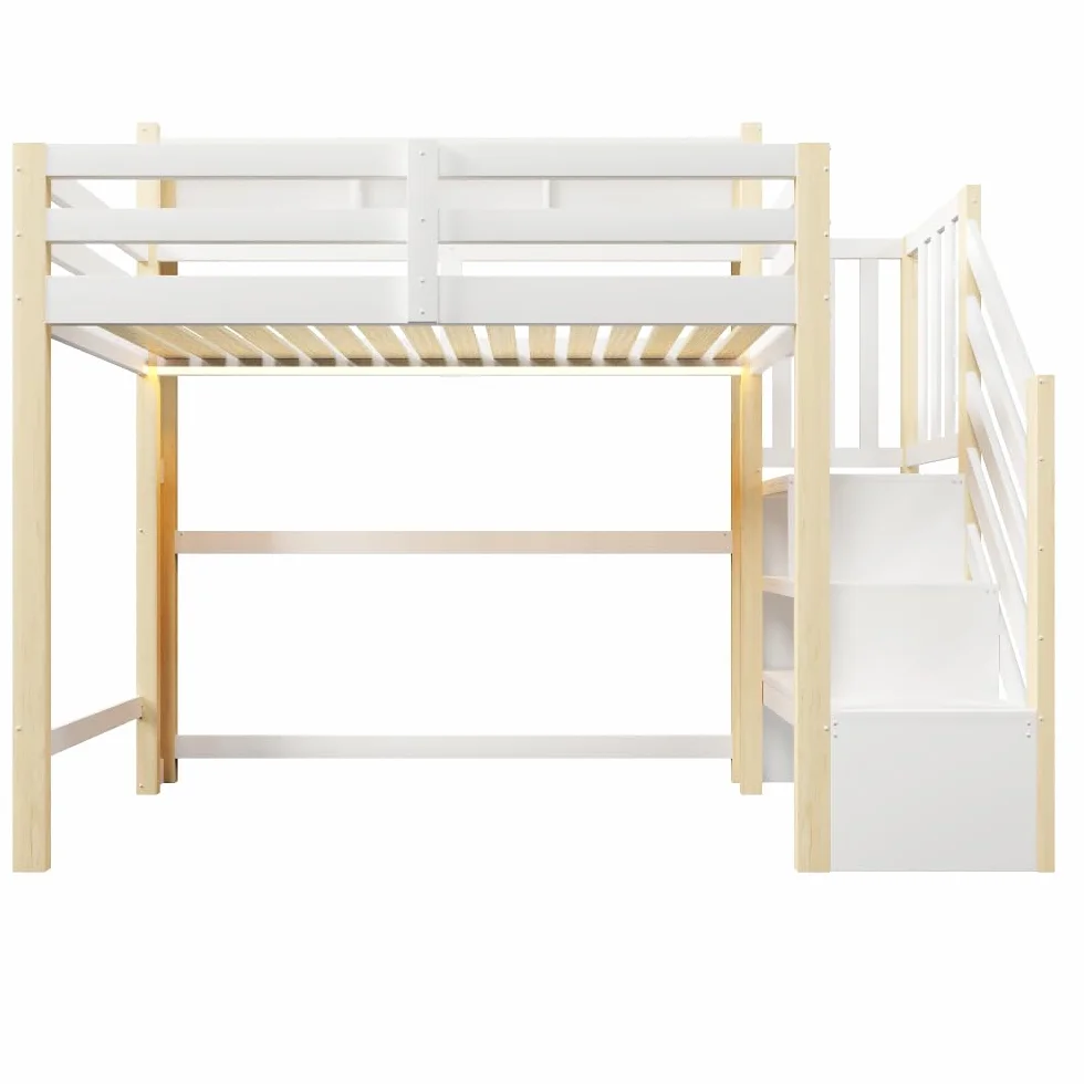 Sapgaks Lit Mezzanine Enfants 90x200cm,lit superposé Enfant avec lumières LED,lit Enfant avec Rangement sous Le lit,lit Enfant avec Barriere,échelle de Rangement,Blanc + Naturel