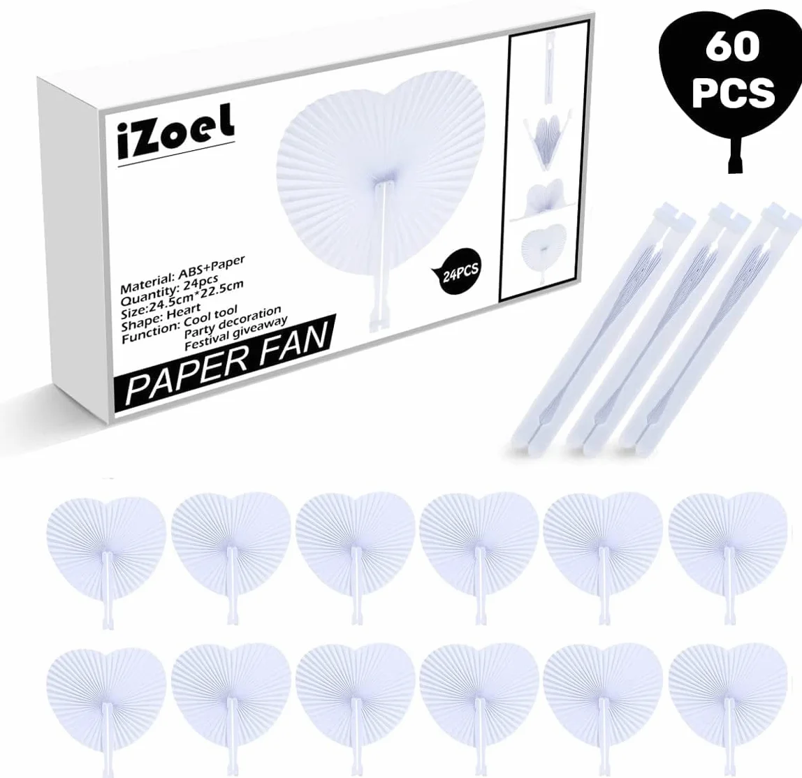 iZoeL 60 Décoration Mariage Eventail Blanc, Eventail Mariage Champetre Cadeau Invites Mariage Accessoires Décoration Mariage Decoration Fete Eventail - Léger Pliable - Papier