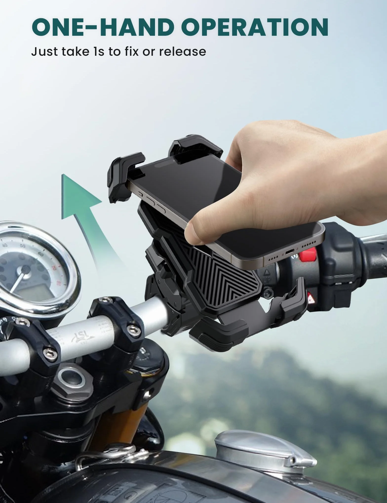 Grefay Uchwyt na telefon komórkowy do motocykla Uchwyt na telefon komórkowy do roweru [2025 Podwójna amortyzacja drgań] Uchwyt na kierownicę do iPhone'a 16 15 14 13 12 Pro Max,smartfon (czarny)