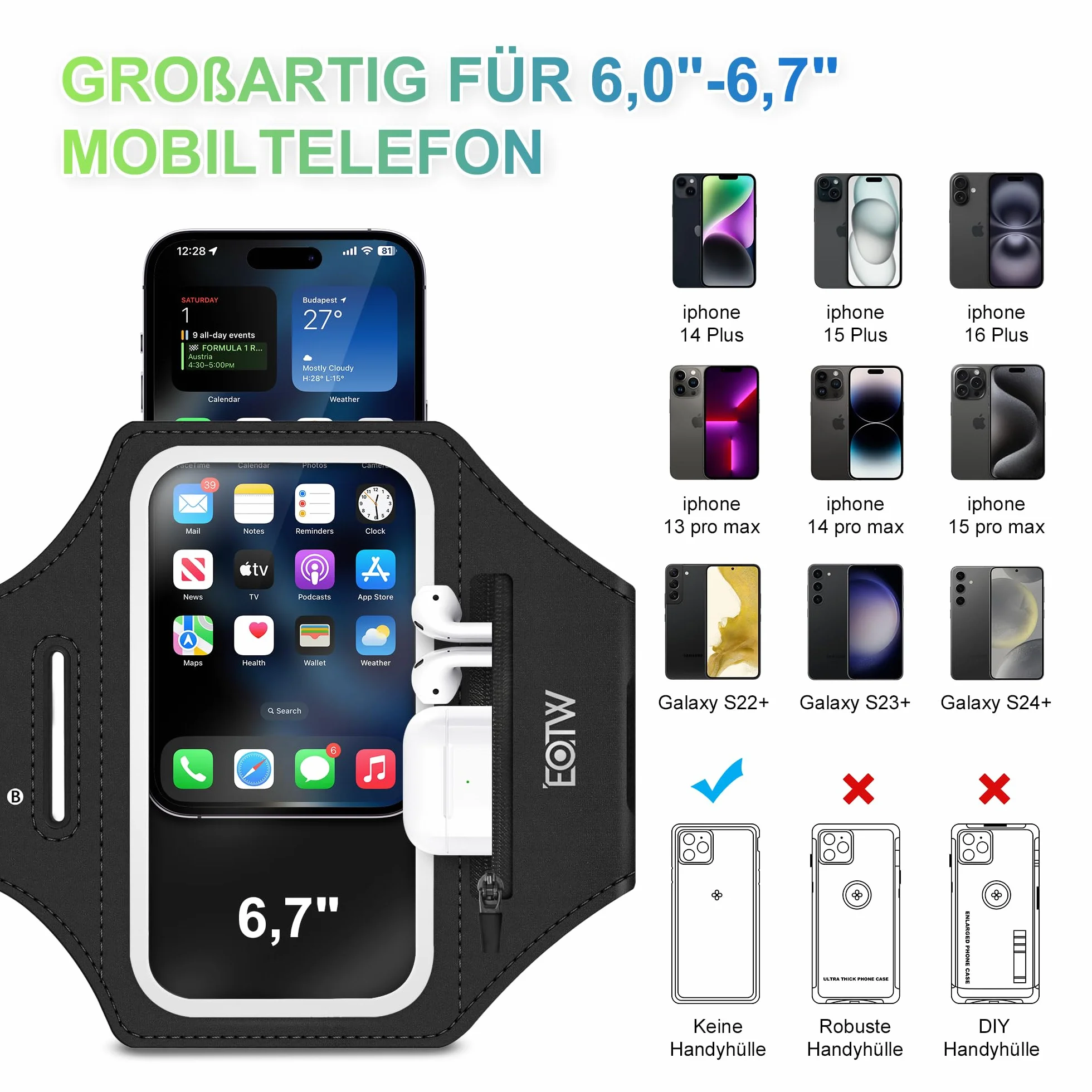 EOTW Joggen sportowa bransoletka – uchwyt na telefon komórkowy z etui Airpods do odtwarzacza MP3/iPhone 16/15/14/13 Pro Max Galaxy S24+/S23+/S22/S21 (6,0" ~ 6,7")
