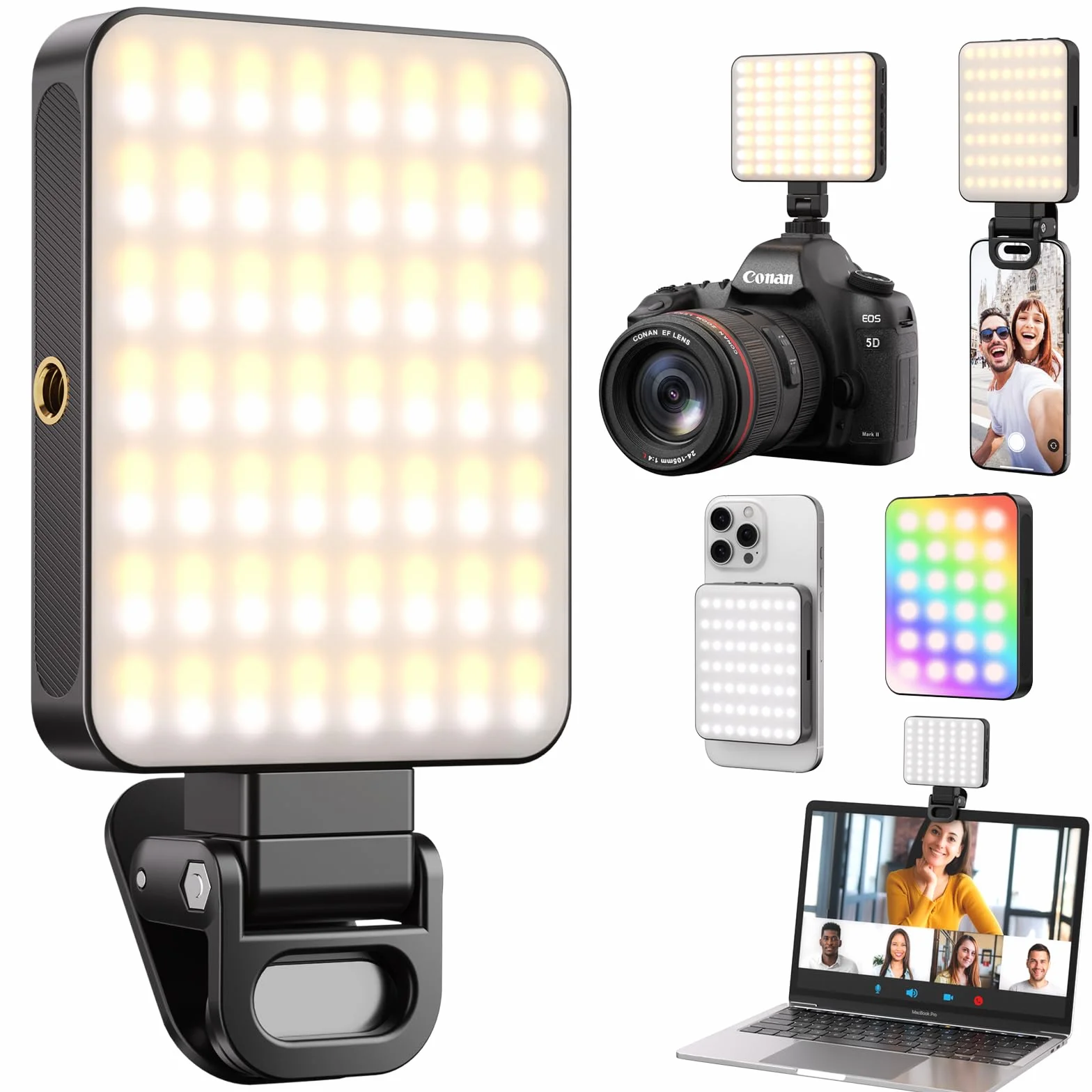 OUSFOT Selfie Phone Light 128LED 3000-6500K Selfie Lamp RGB Tryb 8 Kolorów z Regulowaną Jasnością, Photo Light z Klipsem USB Akumulator, do Telefonu, Aparatu, Komputera