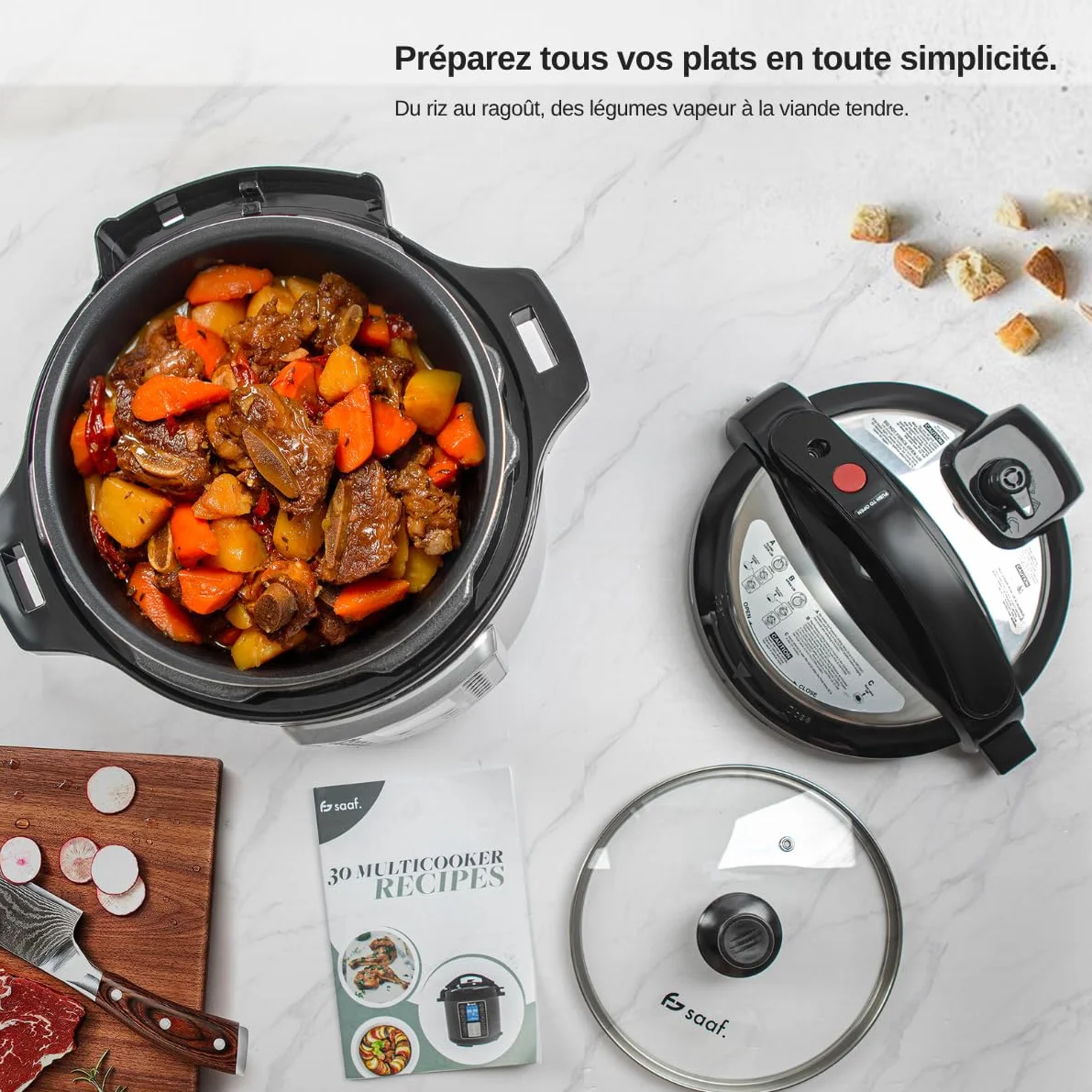 Saaf Multicuiseur – Set 11 Pièces – 12 Programmes – Slowcooker, Cuiseur à Riz, Vapeur & Cocotte-Minute – 6L – Avec Couvercle, Cuve, Cuillère, Verre Doseur & Livre de Recettes – Écran Digital