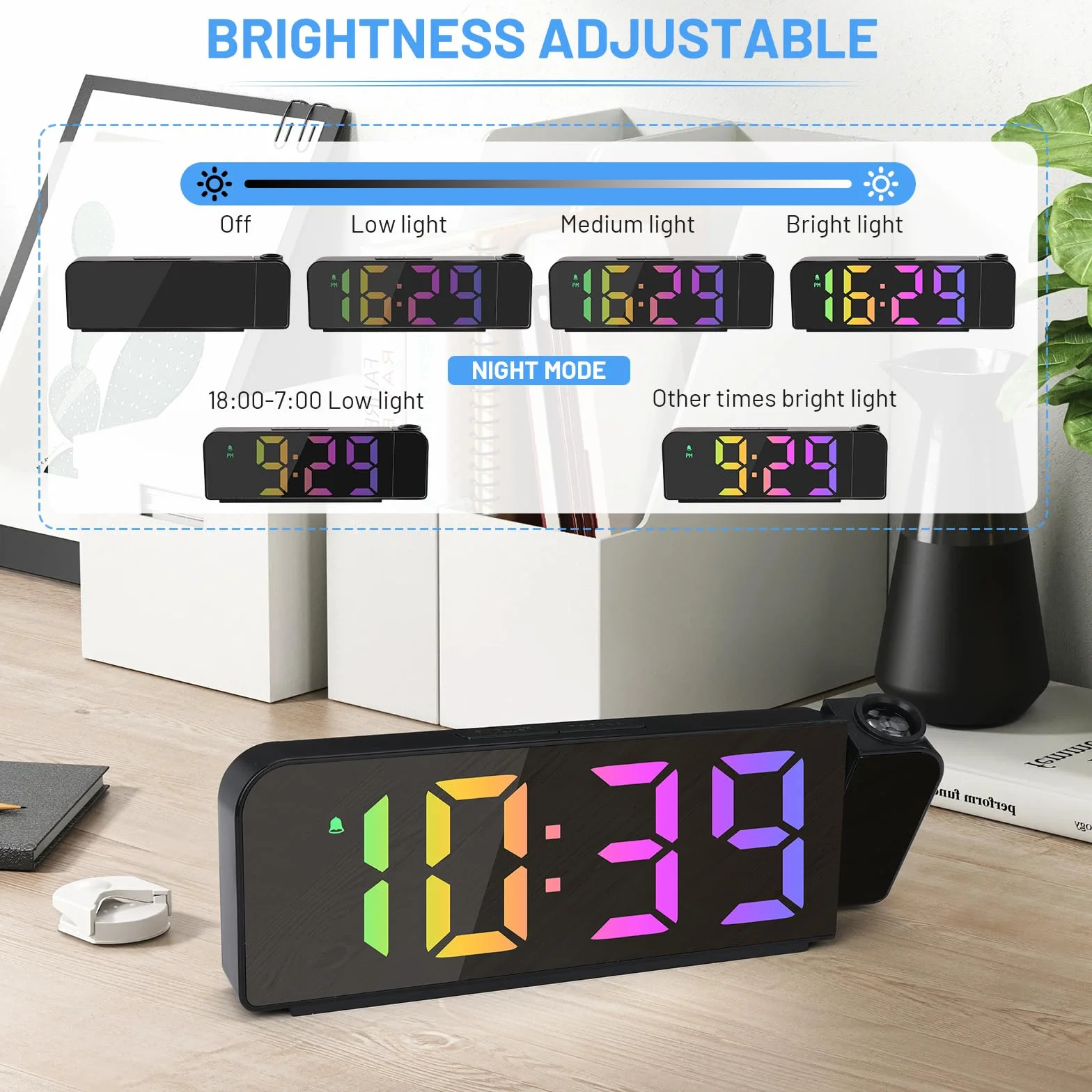 Horloge Numérique LED Réveil Projection avec Température, Snooze, Mode Nuit, Affichage 12H/24H, Noir