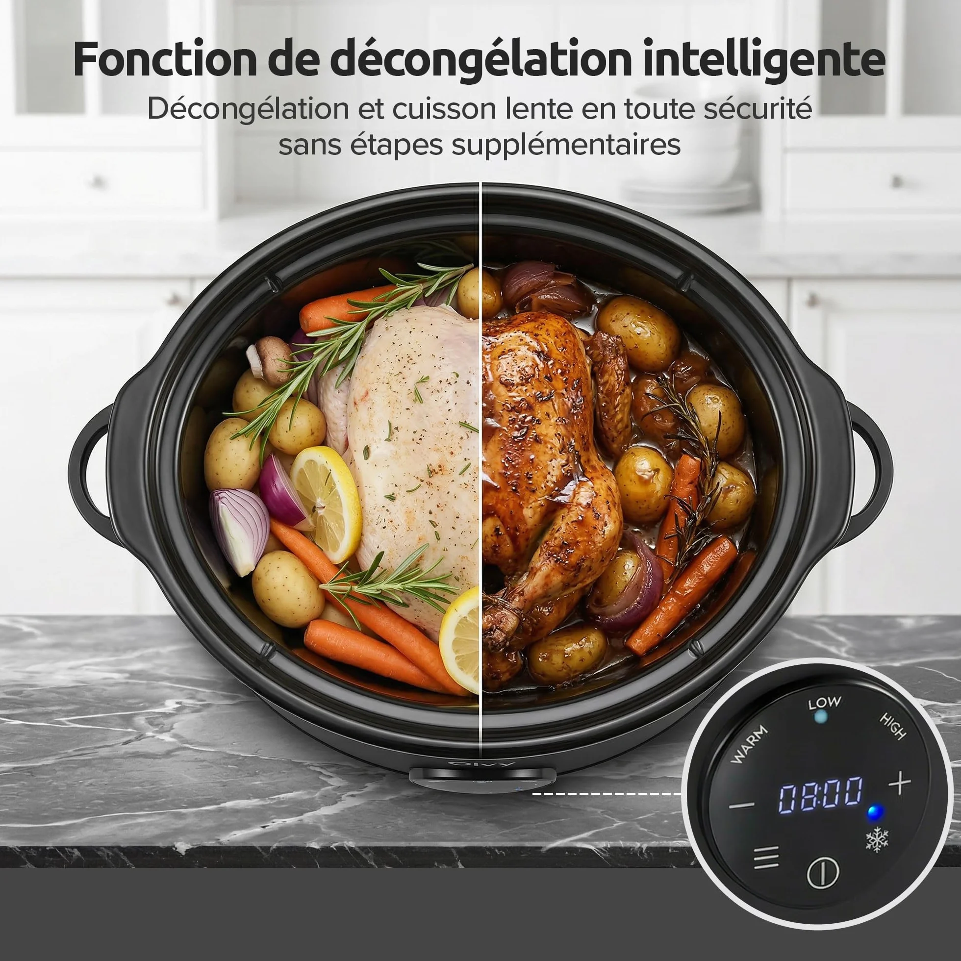 Olvy Mijoteuse numérique 6 l avec minuterie, écran tactile, fonction de maintien au chaud, fonction décongélation, minuterie 24 h, 3 niveaux, famille Meal Prep