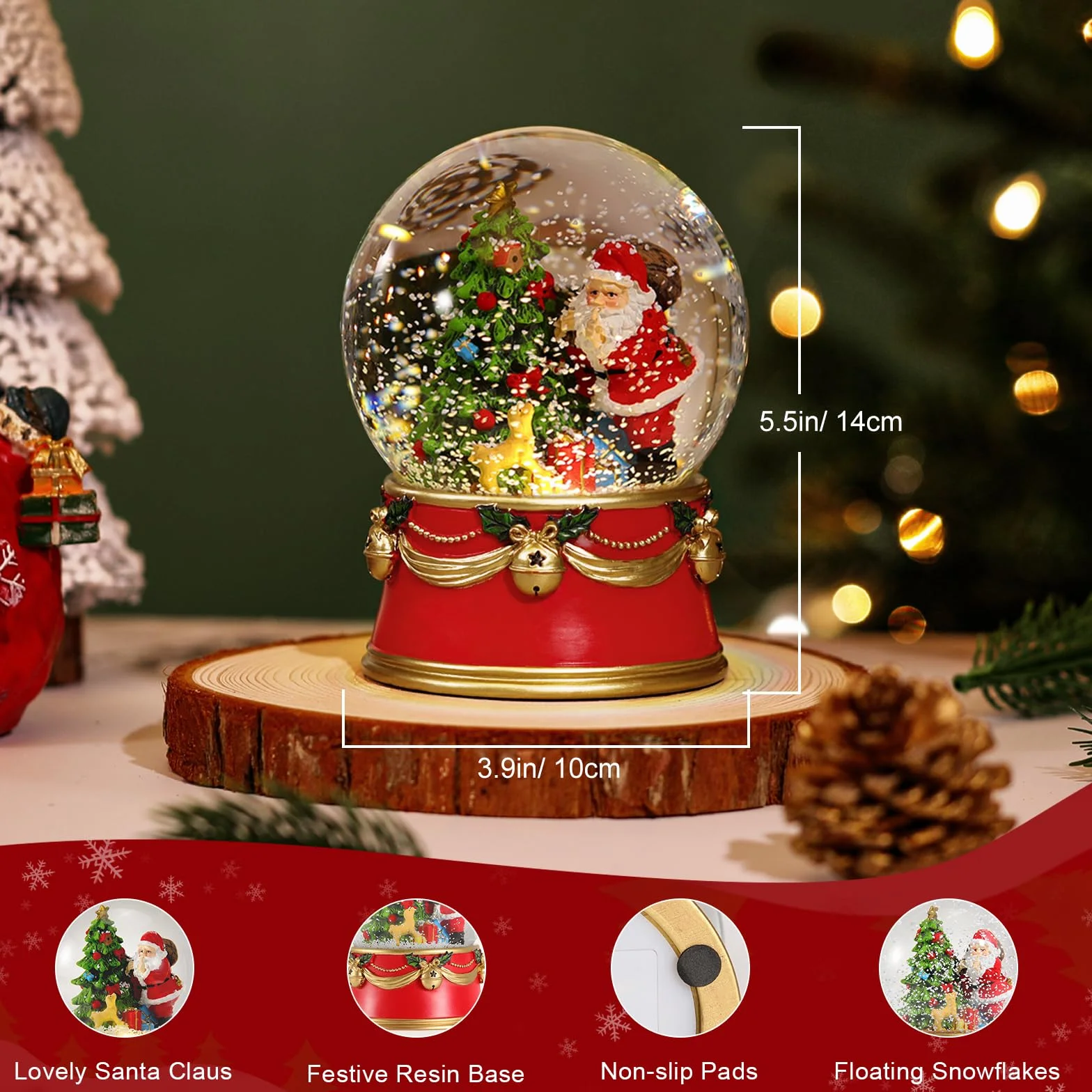 Lewondr Boule à Neige de Noël, Boule à Neige Électrique du Père Noël avec Flocon de Neige et Lumières, Boule à Eau de Noël Alimentée par Piles, Décoration de Noël pour Les Fêtes de Fin d'Année, Rouge