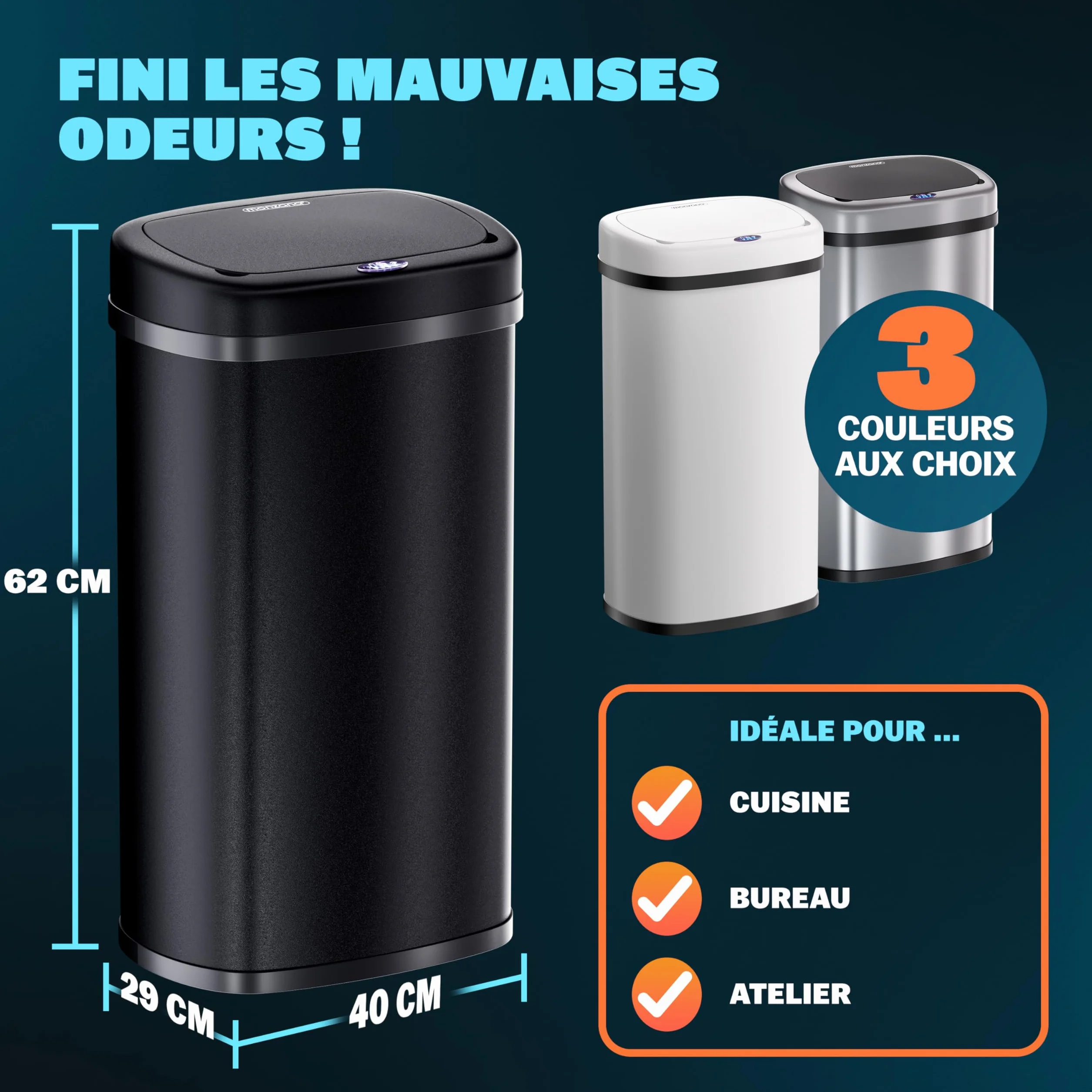 Monzana Poubelle automatique 50L acier inoxydable capteur mouvement noir