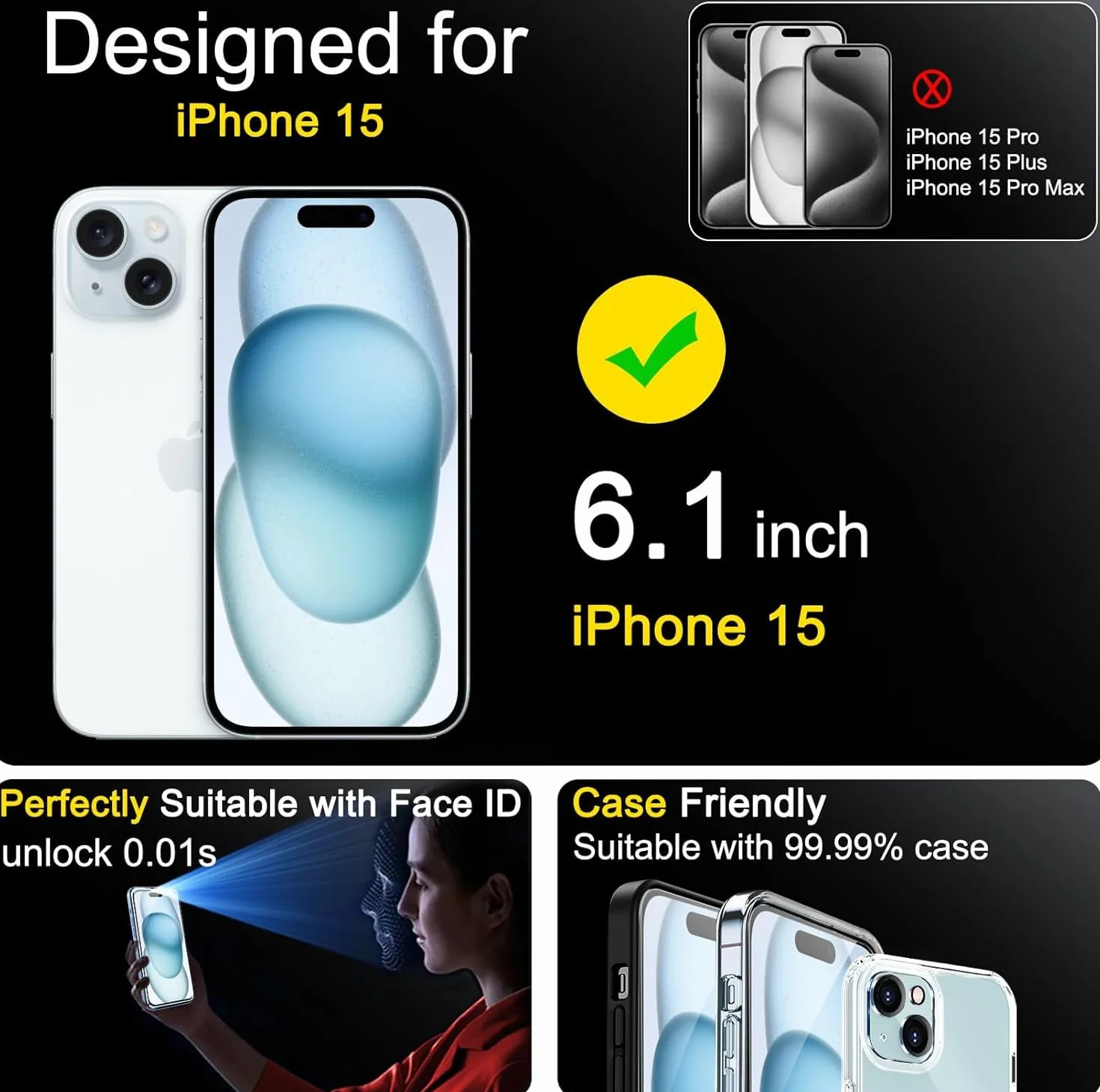 Ferilinso folia ochronna 8 w 1 do iPhone 15 ochrona 4 sztuki pancerna wyświetlacza 4 sztuki etui przyjazne dla aparatu
