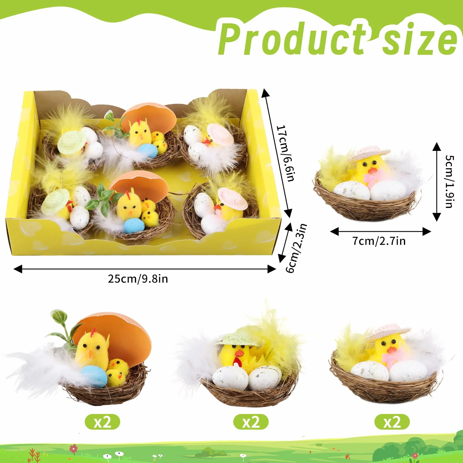 Set Poussins Pâques 6 Pièces Décoration Carton avec Œufs et Nid