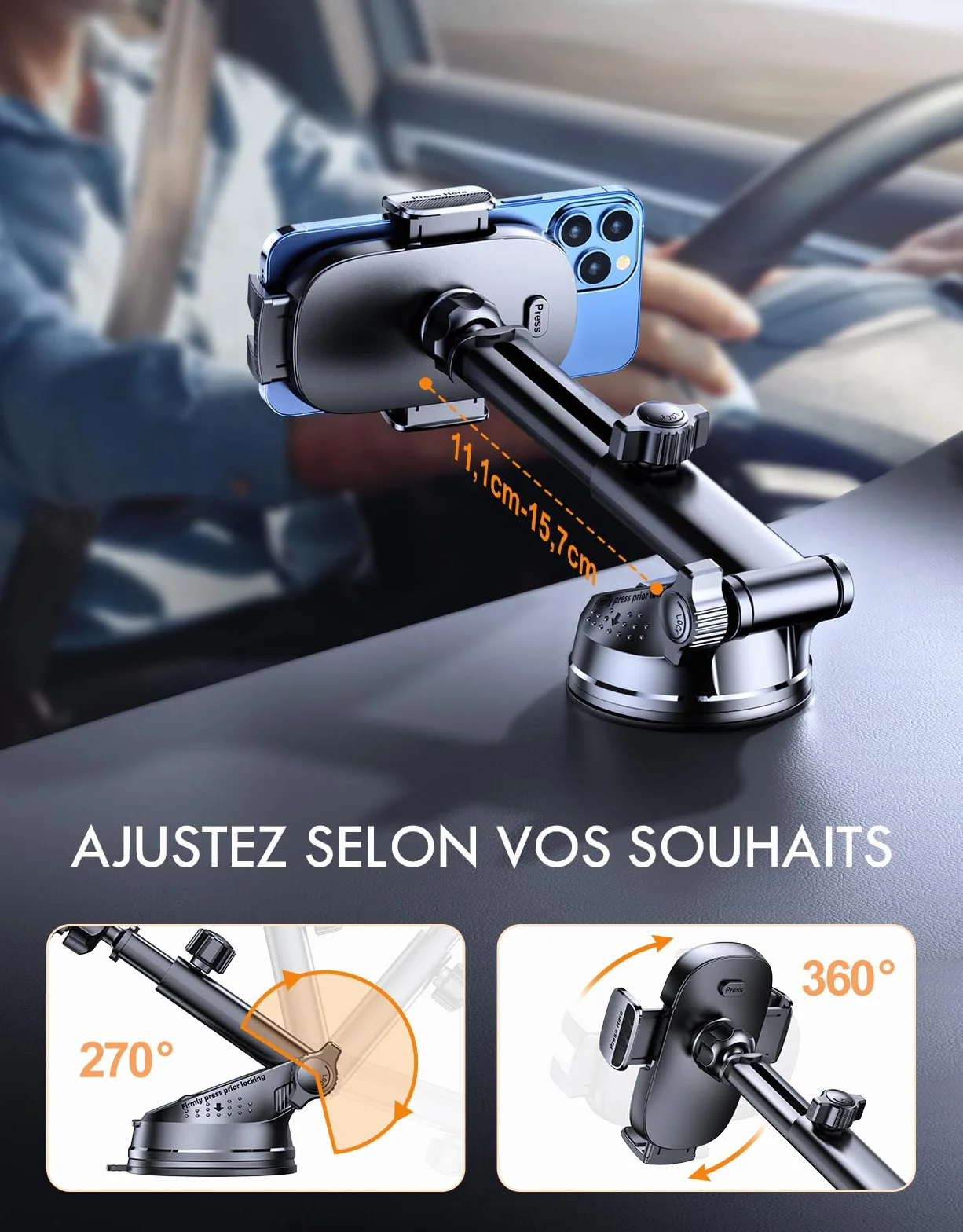 Mohard Support Telephone Voiture Ultra Robuste Orientable 360° Accroche Telephone Ventouse pour Smartphones 4-7"
