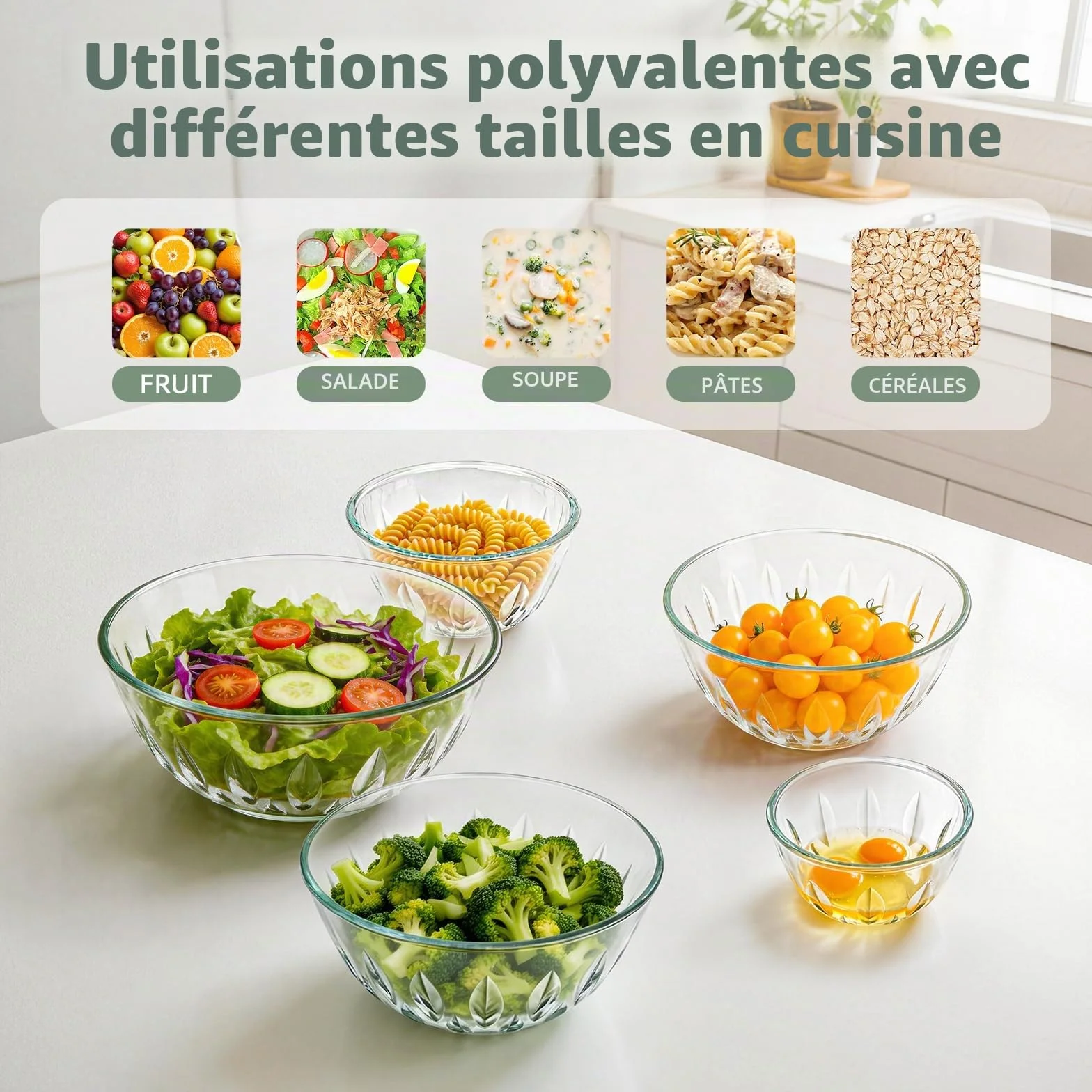 WhiteRhino Saladiers en Verre avec Couvercles,Lot de 5 (0,8L, 1,05L, 1,6L, 2,7L, 4,45L),Grand Bol à Salade Motif Forme en feuille&Couvercles verts Transparents,Bols Empilables pour Préparer,Cuisiner