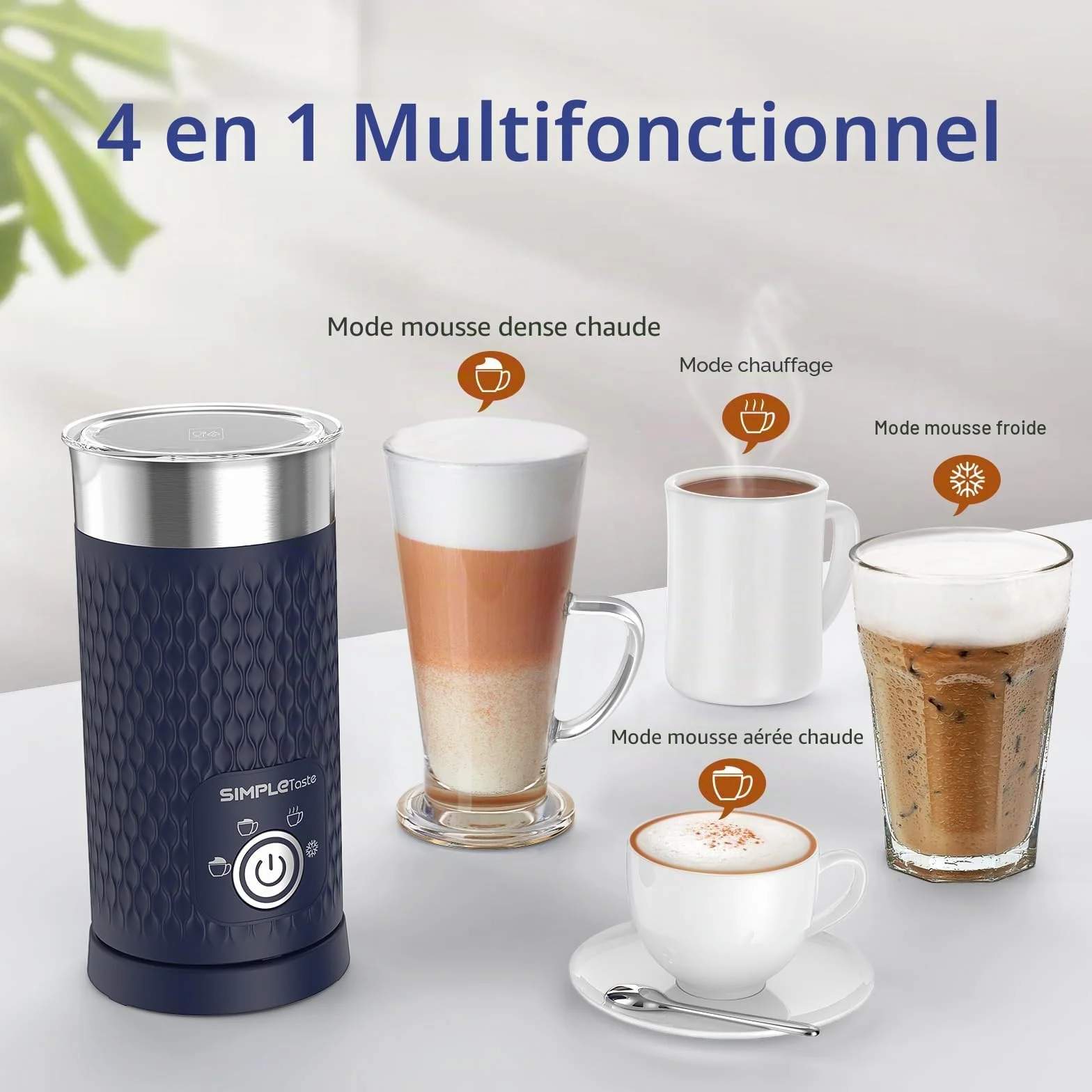 SIMPLETaste Mousseur à lait électrique 4 en 1, mousseur à lait automatique chaud et froid et chauffe-lait pour latte, cappuccinos, macchiato