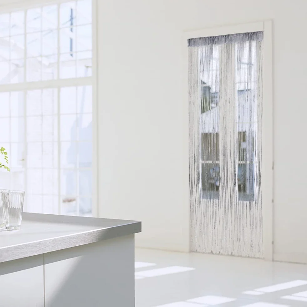 Rideau de porte à Cordes Argent décorative 100 x 200 cm Panneau Mural Fenêtre Salle de Frange moustiquaire Gris