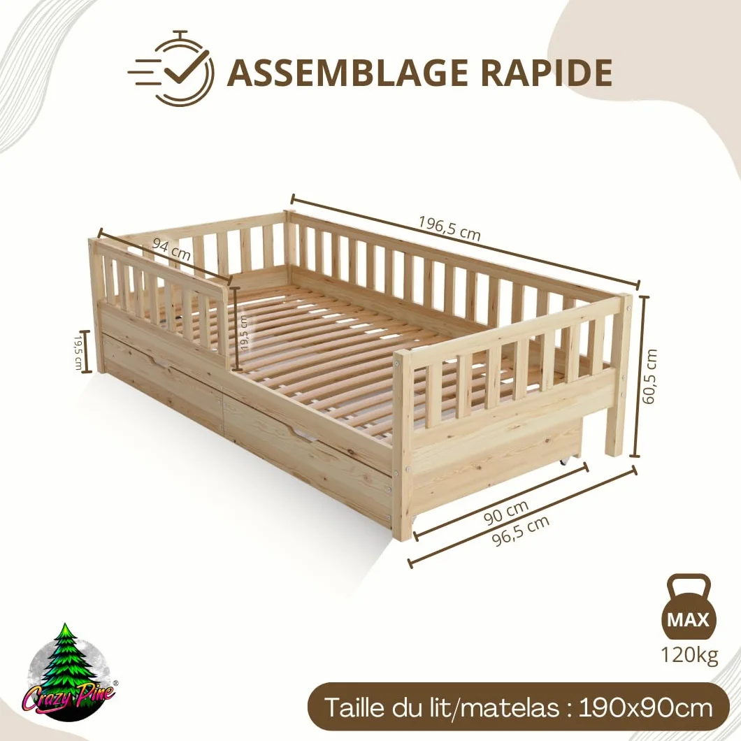 Lit Enfant avec Tiroirs 190x90 cm – Montessori au Sol en Bois Massif avec Barrière – Sécurisé pour Tout-Petit – Design Scandinave, Montage Facile - Crazy Basic