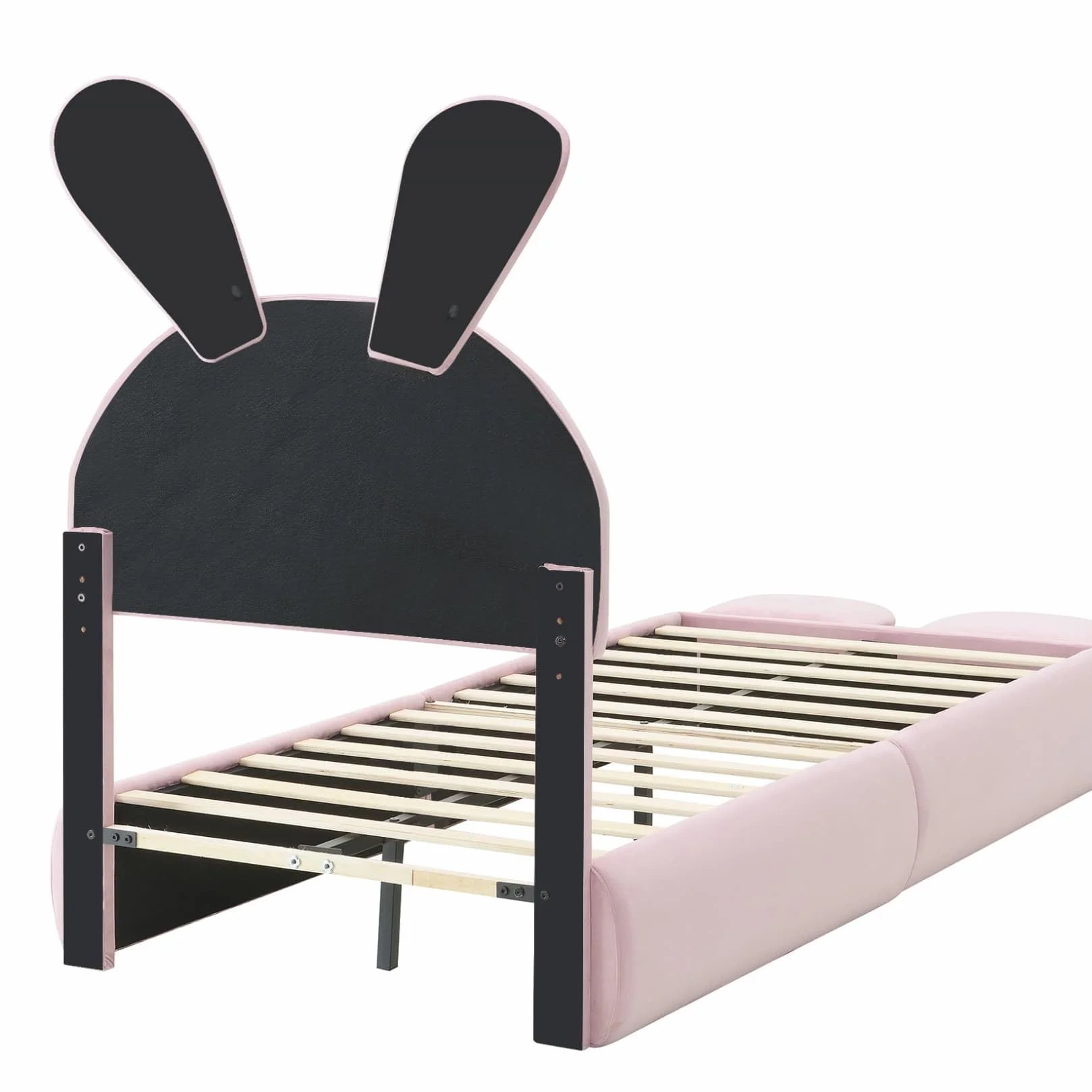 PUGSDRLY Lit Enfant 90x200 cm Lapin,Lit Une Place Rembourré avec LED Réglable,2 Bancs de Rangement,Tête Réglable,Sommier à Lattes,pour Filles,Garçons,Velours(Rose, 90x200)