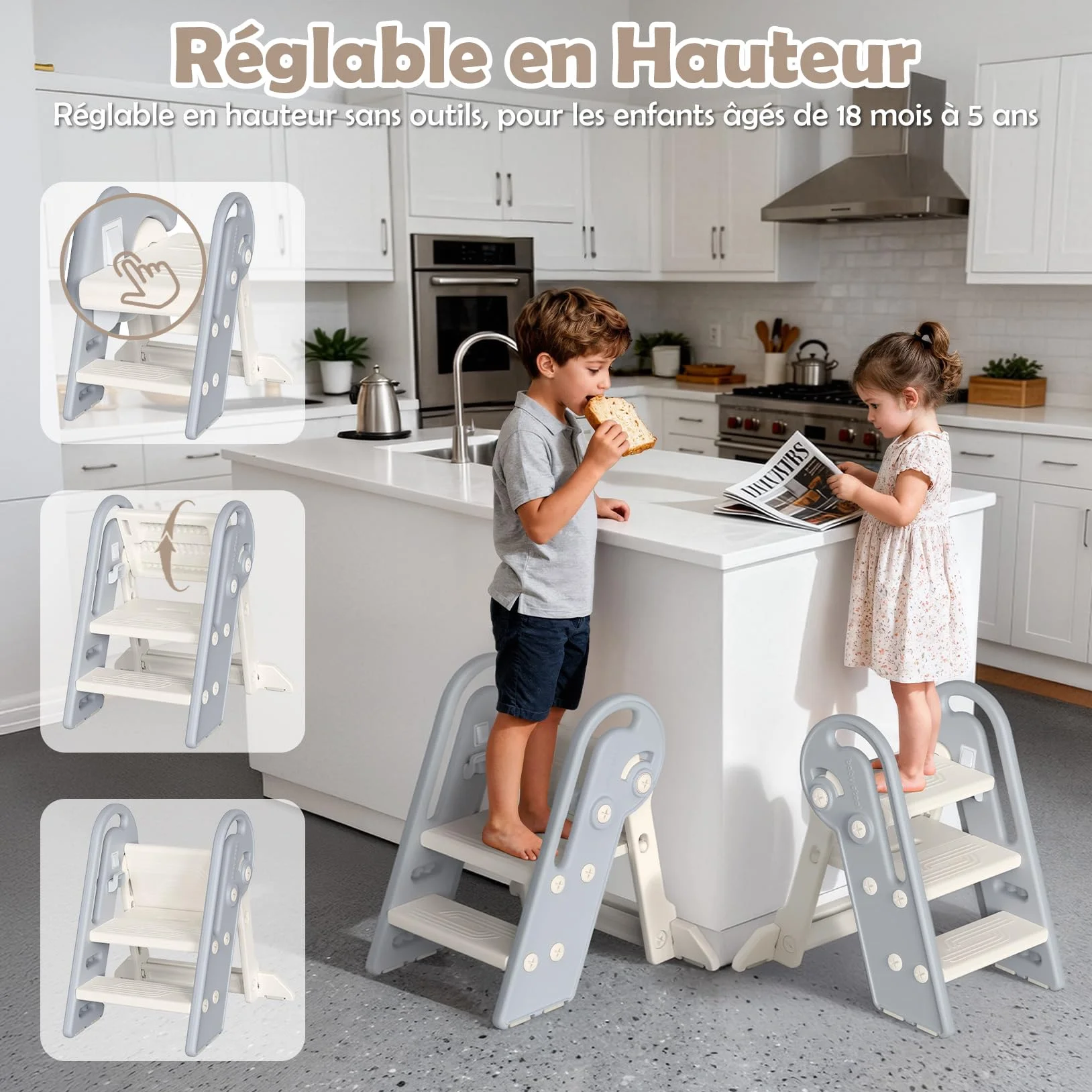 Marche Pied Pliable pour Enfant, Marchepied à Hauteur réglable, Multifonction, Marche Pied Toilette Enfant de la propreté avec poignées, Cadeaux pour garçons et Filles de 1,5 à 8 Ans-Gris Blanc