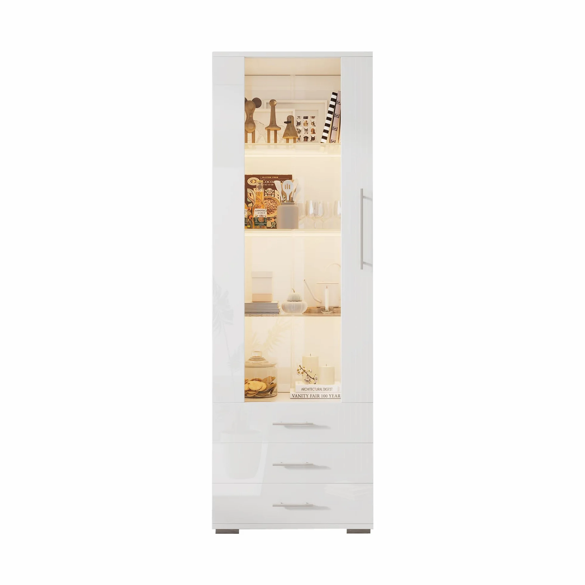 Merax Vitrine en verre avec éclairage LED blanc brillant avec portes et 3 tiroirs, armoire haute de 180 cm, armoire de cuisine, armoire polyvalente pour salon, chambre à coucher, bureau