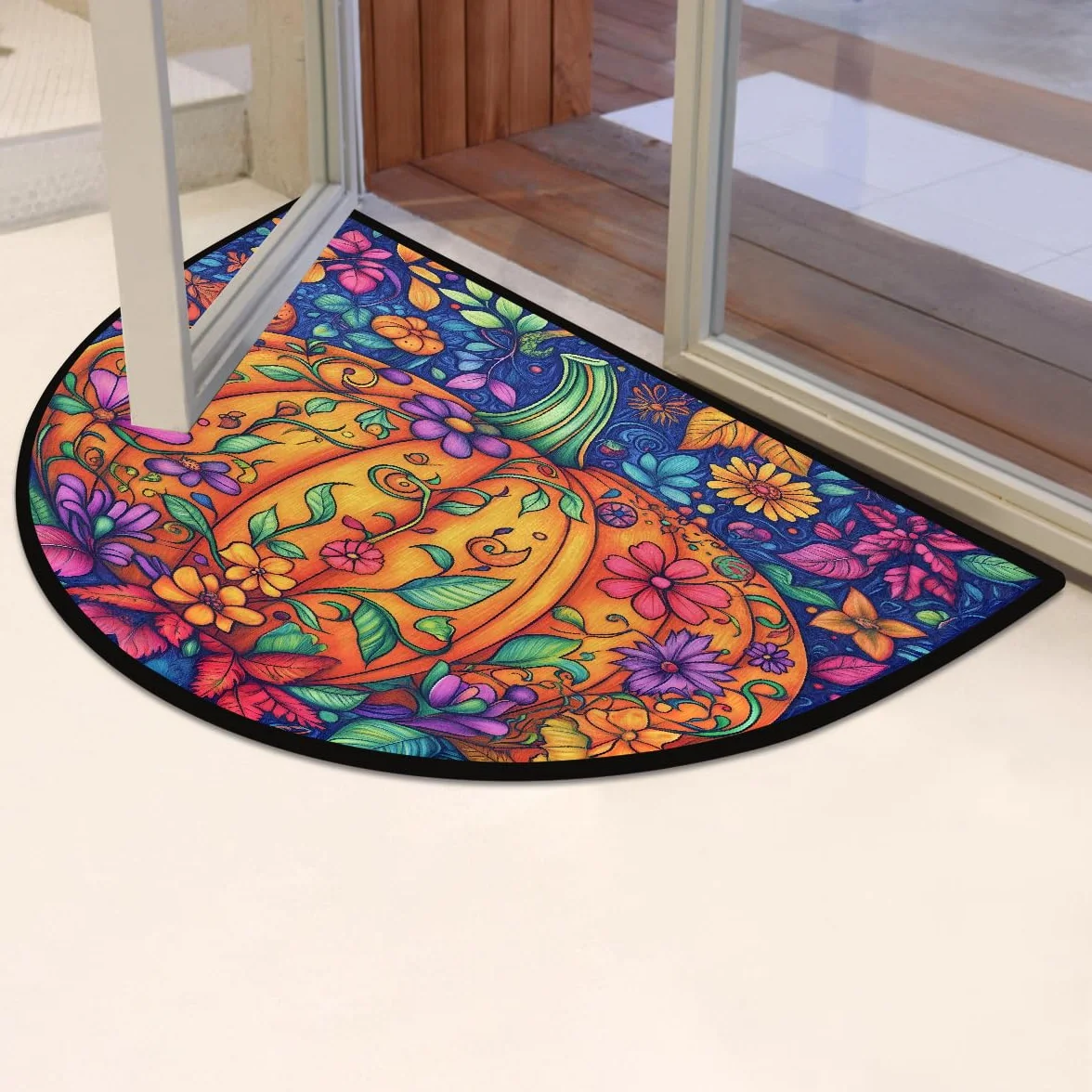 Mexpekil Grand paillasson d'intérieur avec fleurs de citrouille, tapis de bienvenue en demi-lune antidérapant doux 91,4 x 61 cm