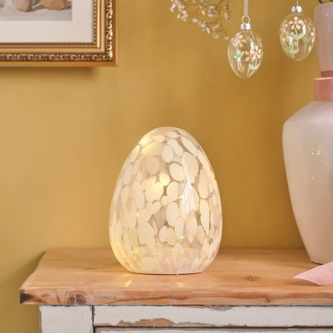 Œuf de Pâques Confetti en Verre LED Blanc Chaud avec Minuterie 6h Hauteur 16 cm Rose
