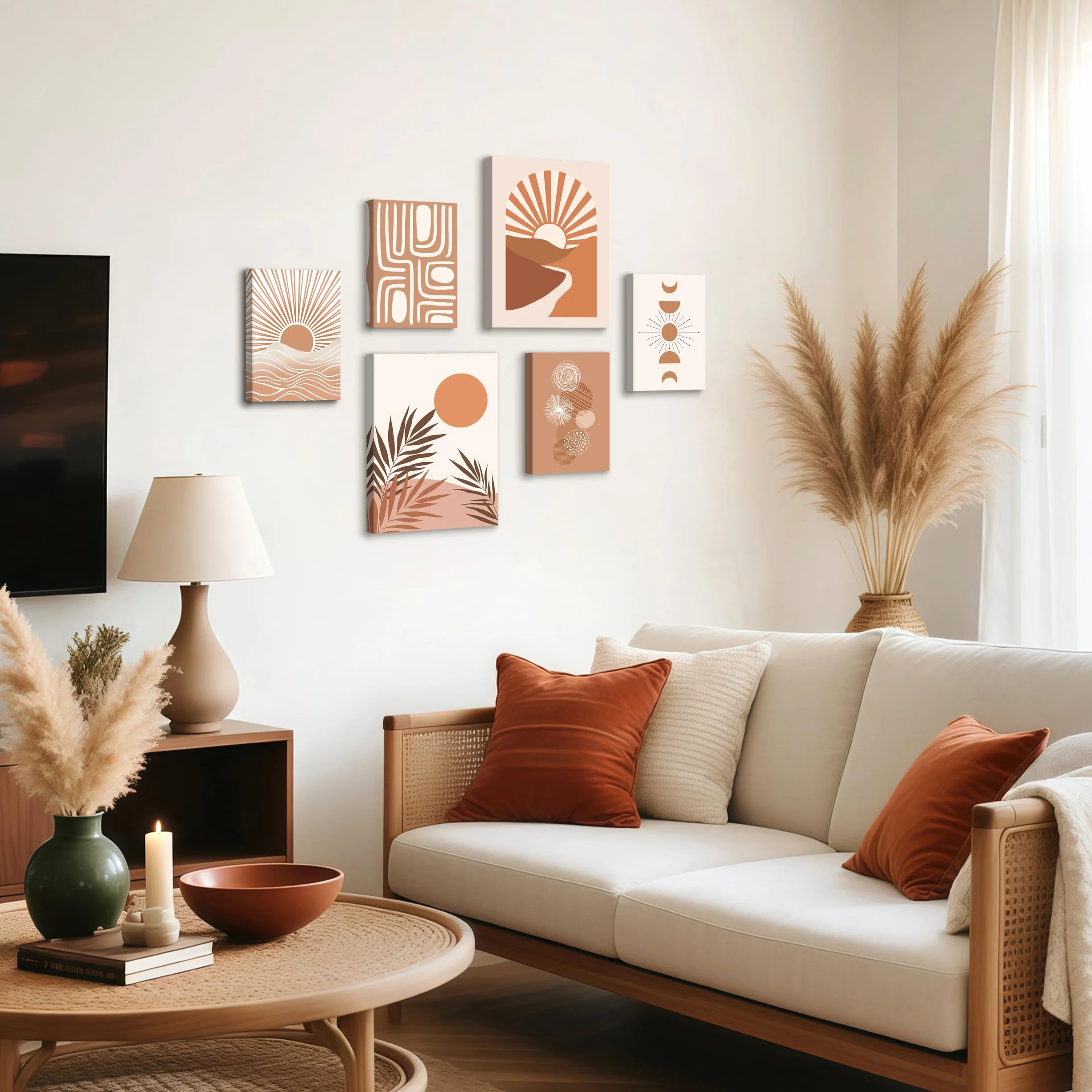 6 Sets of Boho Terracotta Soleil Botanique Tableau Decoration Murale Encadre, Géométrie Lignes Impression sur toile Abstrait Paysage Tableau Peinture Posters Déco Mural pour Salon Chambre Cuisine