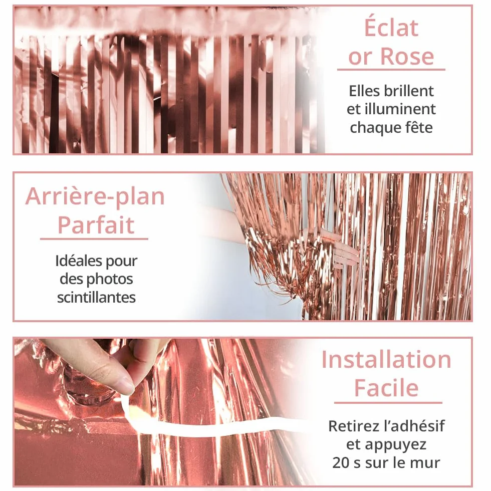 Rideau Métallique Tinsel Rosegold, Rideaux à Franges en Aluminium, Toile de Fond pour Fête Anniversaire Mariage