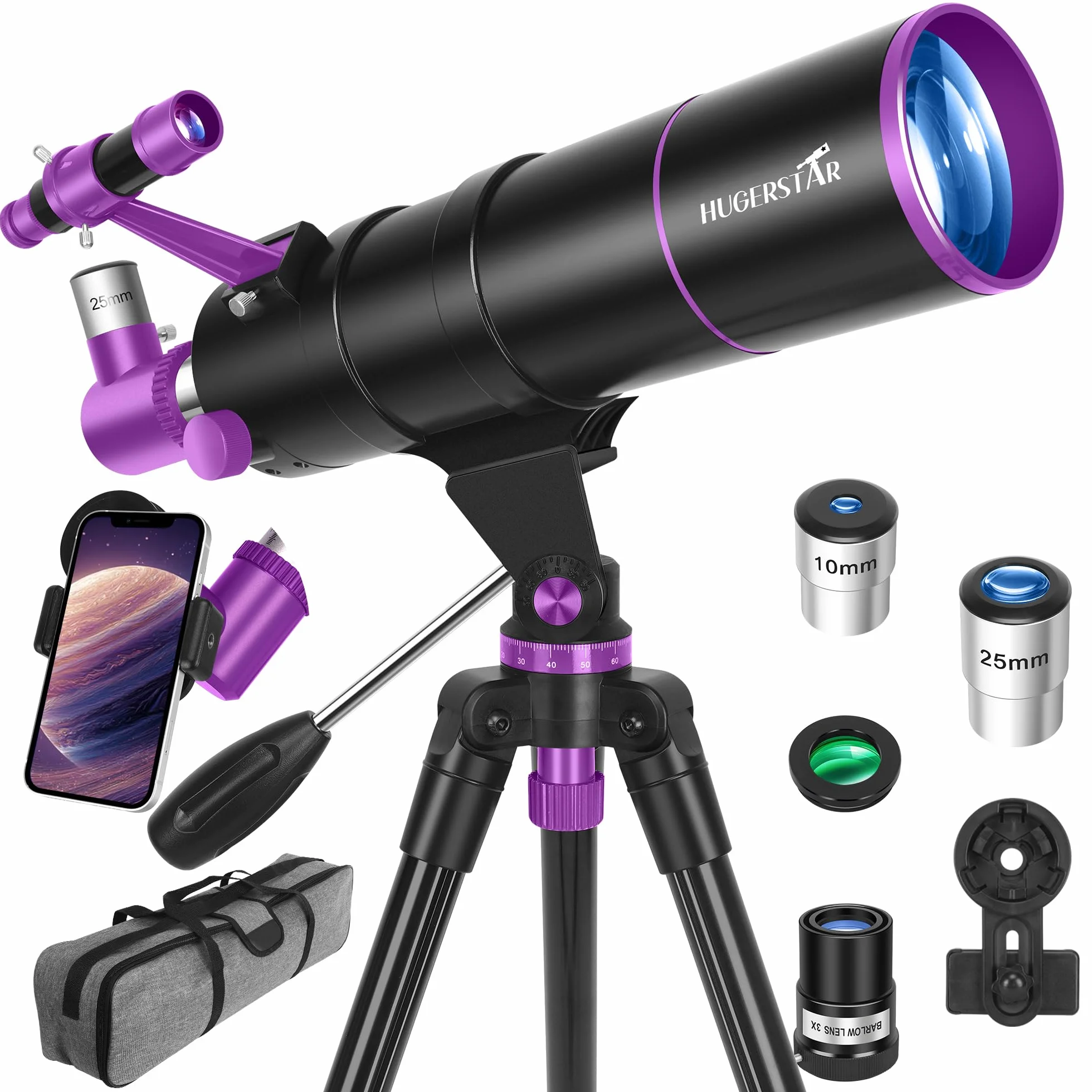 HUGERESTAR teleskop astronomiczny profesjonalny dla dorosłych, 90/550mm astronomiczny teleskop refraktorowy dla dzieci i początkujących, przenośny teleskop podróżny ze statywem, uchwytem na telefon