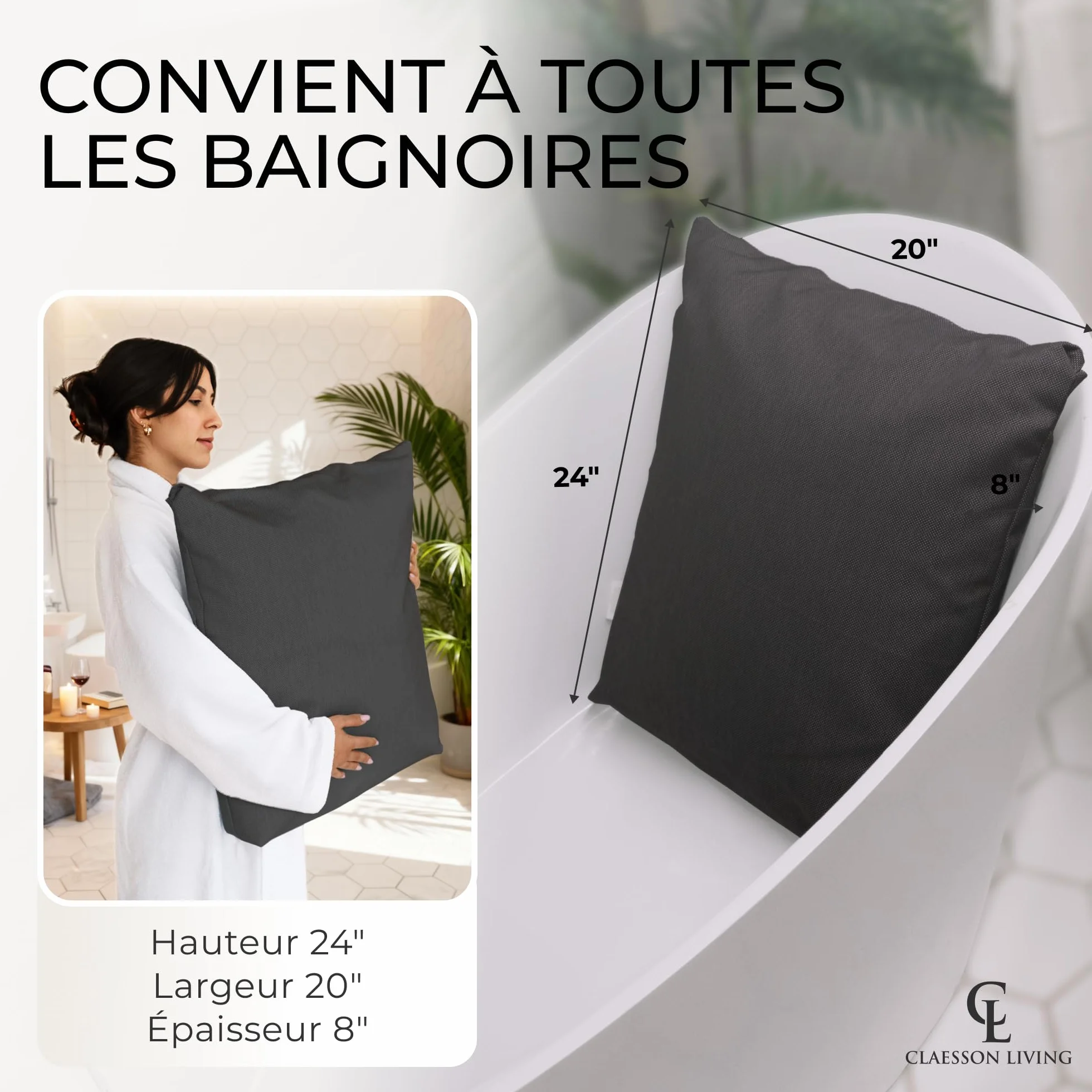 Coussin Baignoire Adulte, épais et Confortable, pour Le Soutien de la tête, du Cou et du Dos. Coussin de Baignoire Lavable, séchage Rapide, idéal pour Bain Relaxant à la Maison - Gris Foncé