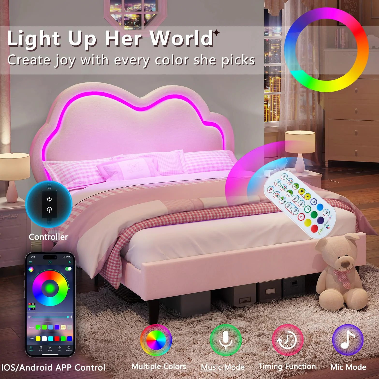 LUXOAK Cadre de lit 90 x 200 cm pour Fille, avec tête de lit en Forme de Nuage réglable, revêtement en Velours, éclairage RGB, Espace de Rangement de 18 cm sous Le lit, sans sommier, Couleur Rose