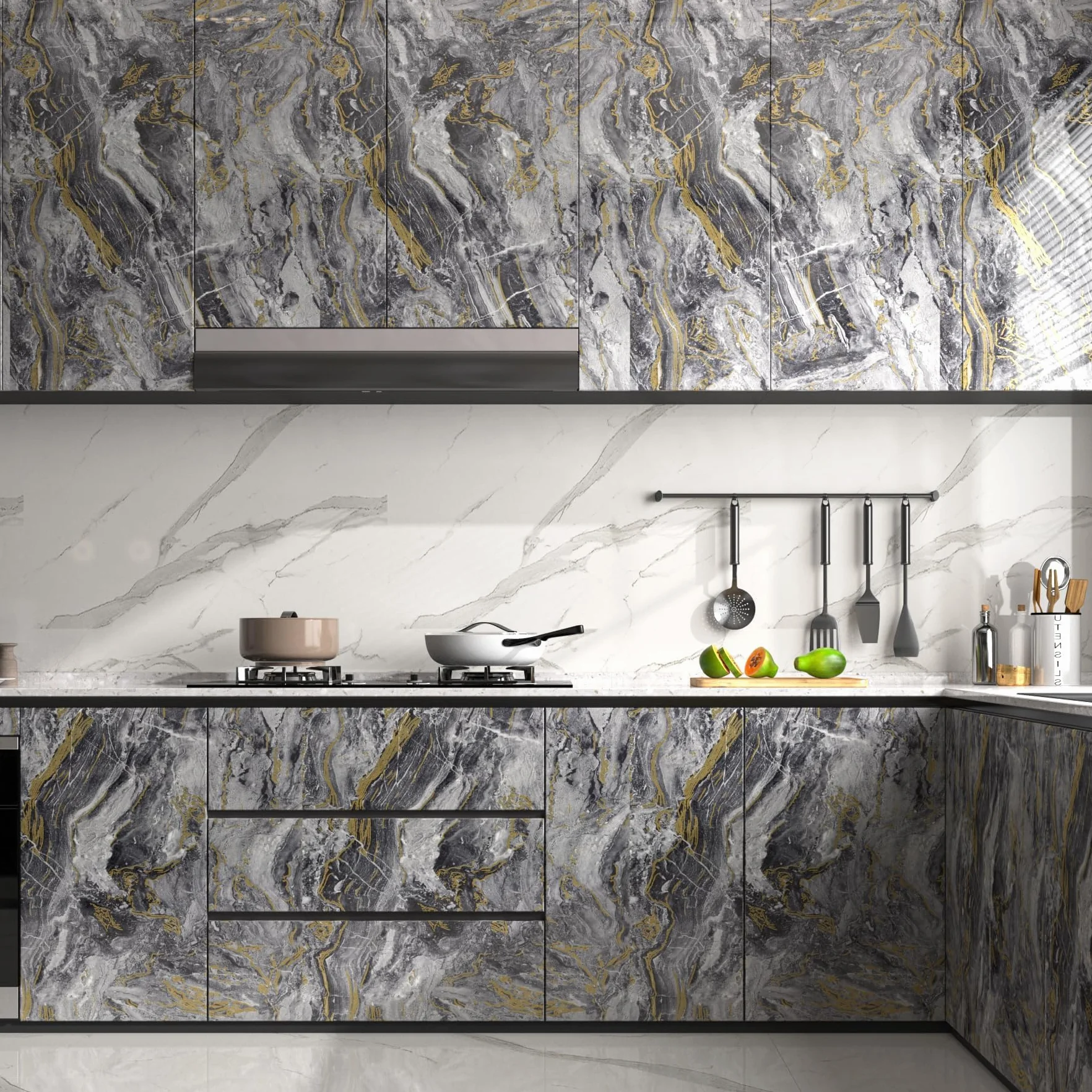 Decotalk Papier Peint Marbre Film Rouleau Adhesif Gris Et Or 40x500cm Autocollant Meuble Impermeable Cuisine