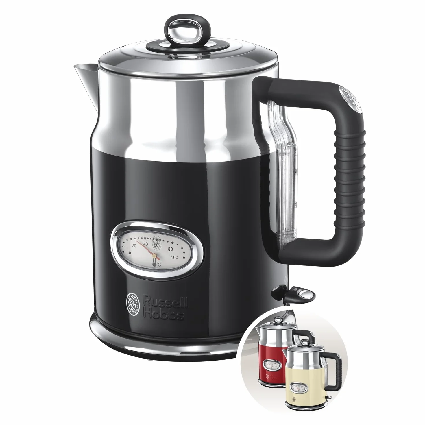 Russell Hobbs Bouilloire Electrique (Design Vintage Premium) Retro Noire (1,7L, 2400W, Ebullition Rapide, Jauge Température Rétro,Marqueurs 1-2-3 tasses,Ecoulement,Couvercle Amovible) 21671-70