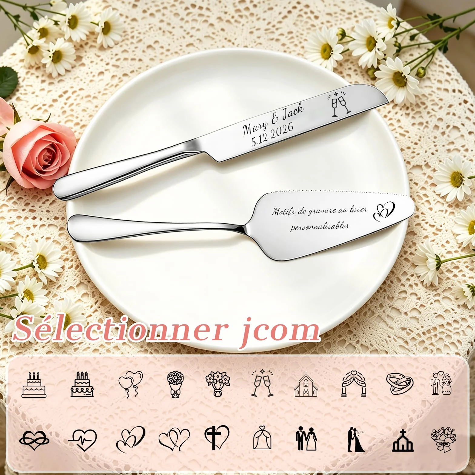 Service à Gâteau Mariage Pelle à Tarte Couteau Acier Inoxydable Argenté Cadeau Romantique