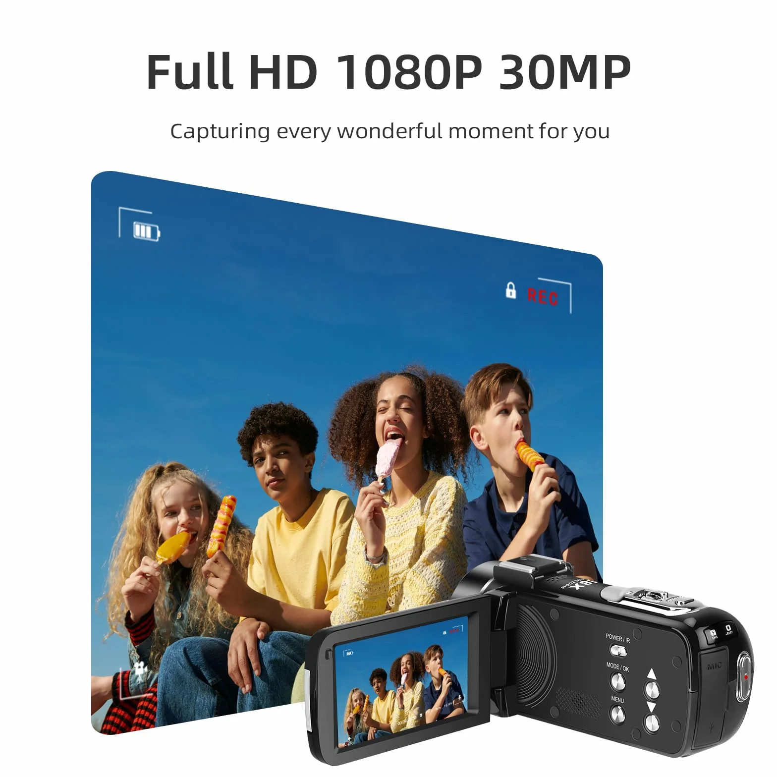 Kamerka ORDRO B320 1080P z kartą 16GB, 18-krotnym zoomem cyfrowym, noktowizorem, obracanym o 270° ekranem, pełną kamerą HD 1080P 30MP, 2 baterie, kolor czarny