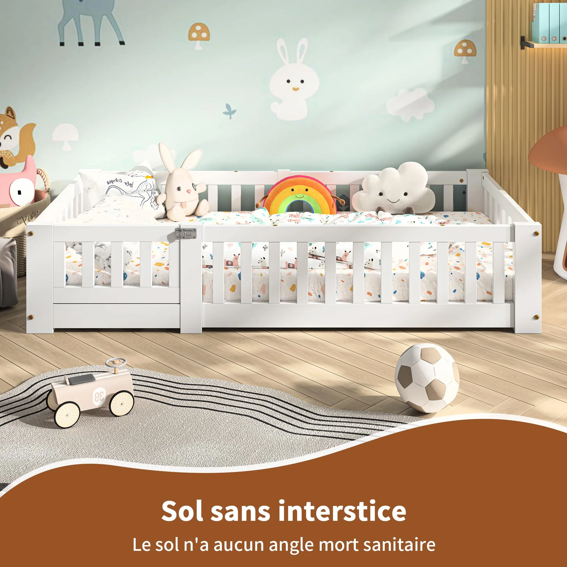 Lit Enfant Montessori au Sol 90x190 cm, Cadre de Lit en Bois de Pin Blanc avec Barrières de Sécurité, Sommier à Lattes pour Garçons et Filles (Matelas Non Inclus)