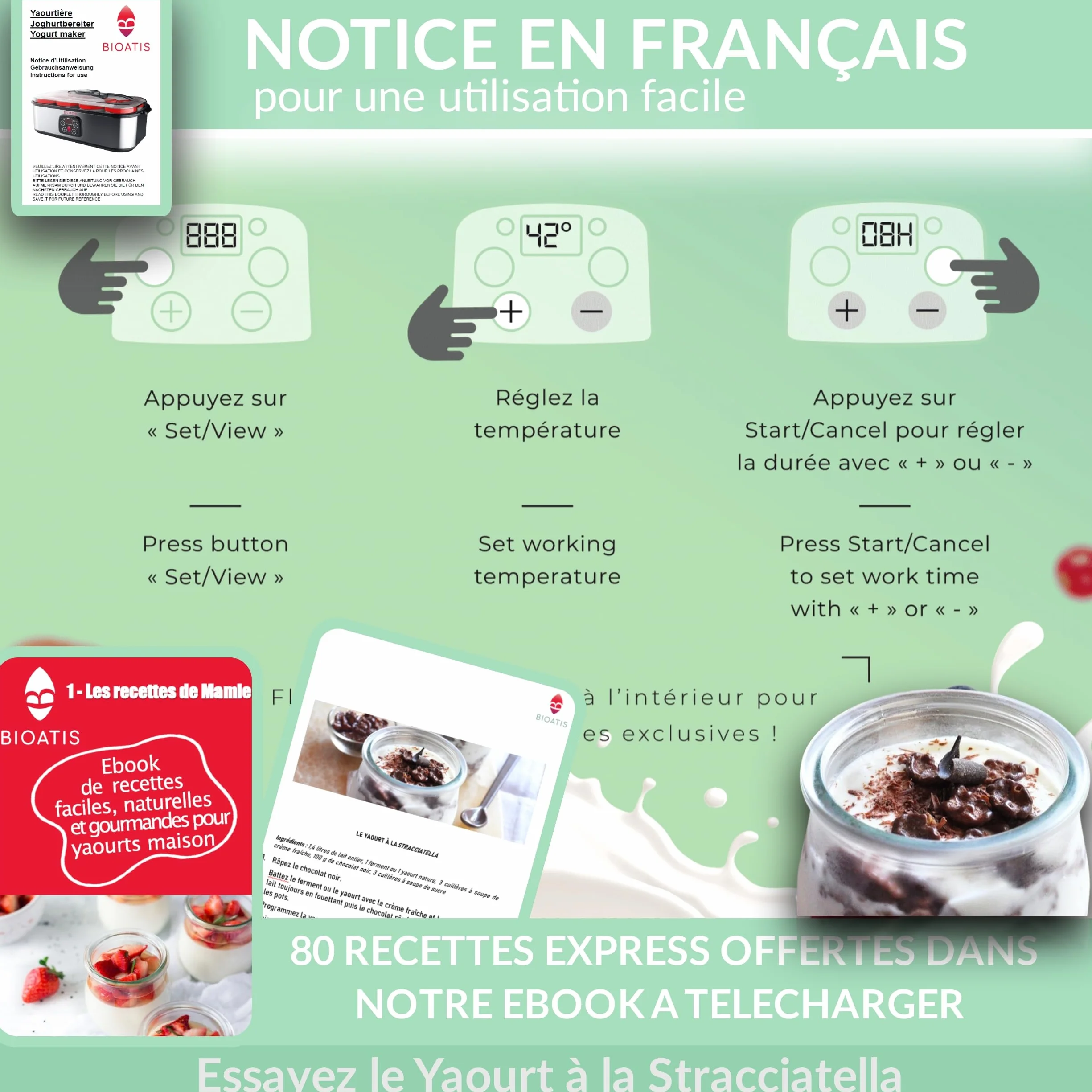 Yaourtière Inox Améliorée Compacte. 84 Recettes et Notice française. Couvercle hermétique avec Etiquette et Marqueur Inclus. 8 pots x 180ml en Verre sans BPA. Ecran LCD. Minuterie et Arrêt Automatique