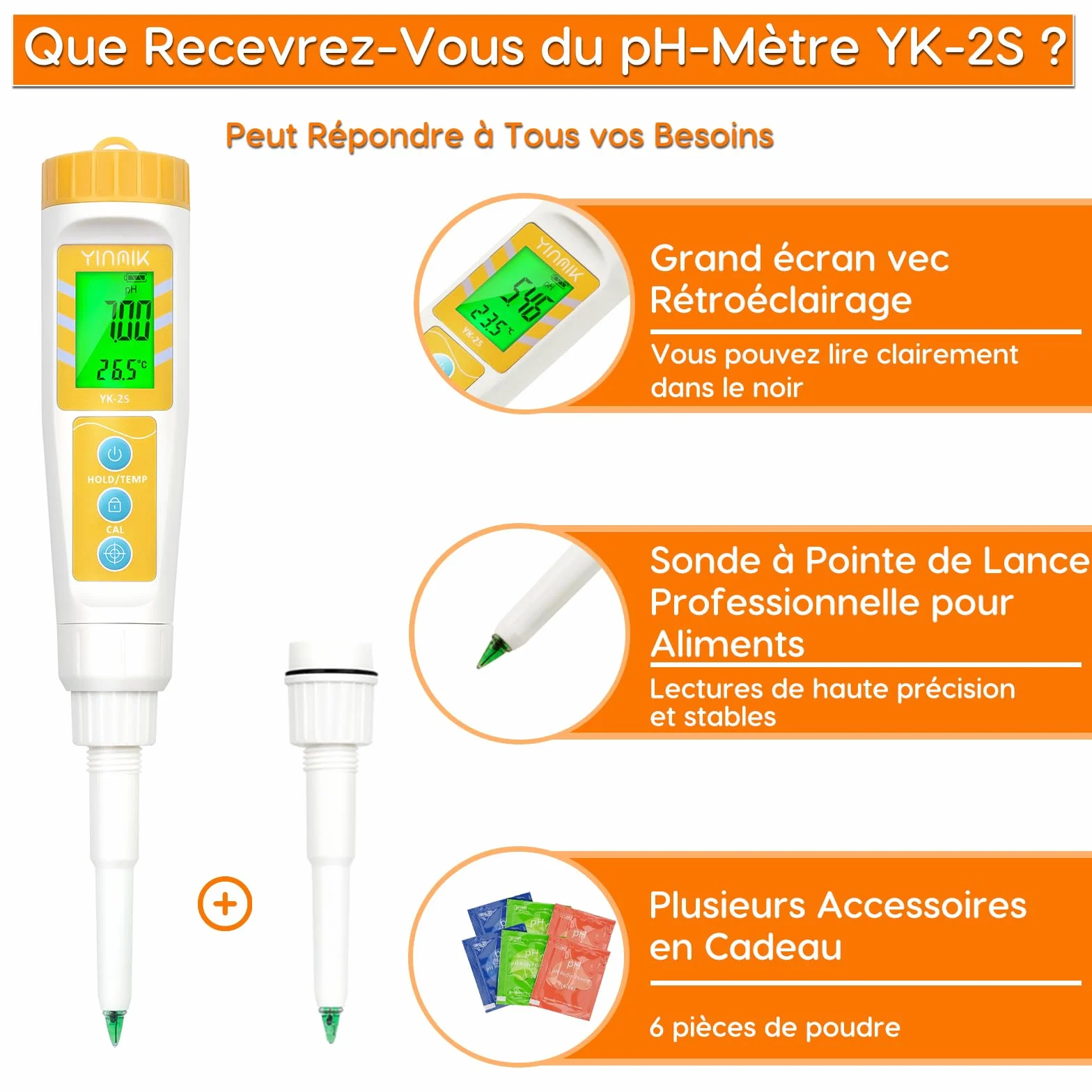 YINMIK pH Mètre Alimentaire avec Sonde de pH Remplaçable Supplémentaire, Testeur de pH Numérique pour Levain et le Pain, Testeur de pH Alimentaire pour Viande, Mise en Conserve, Fromage, l'eau