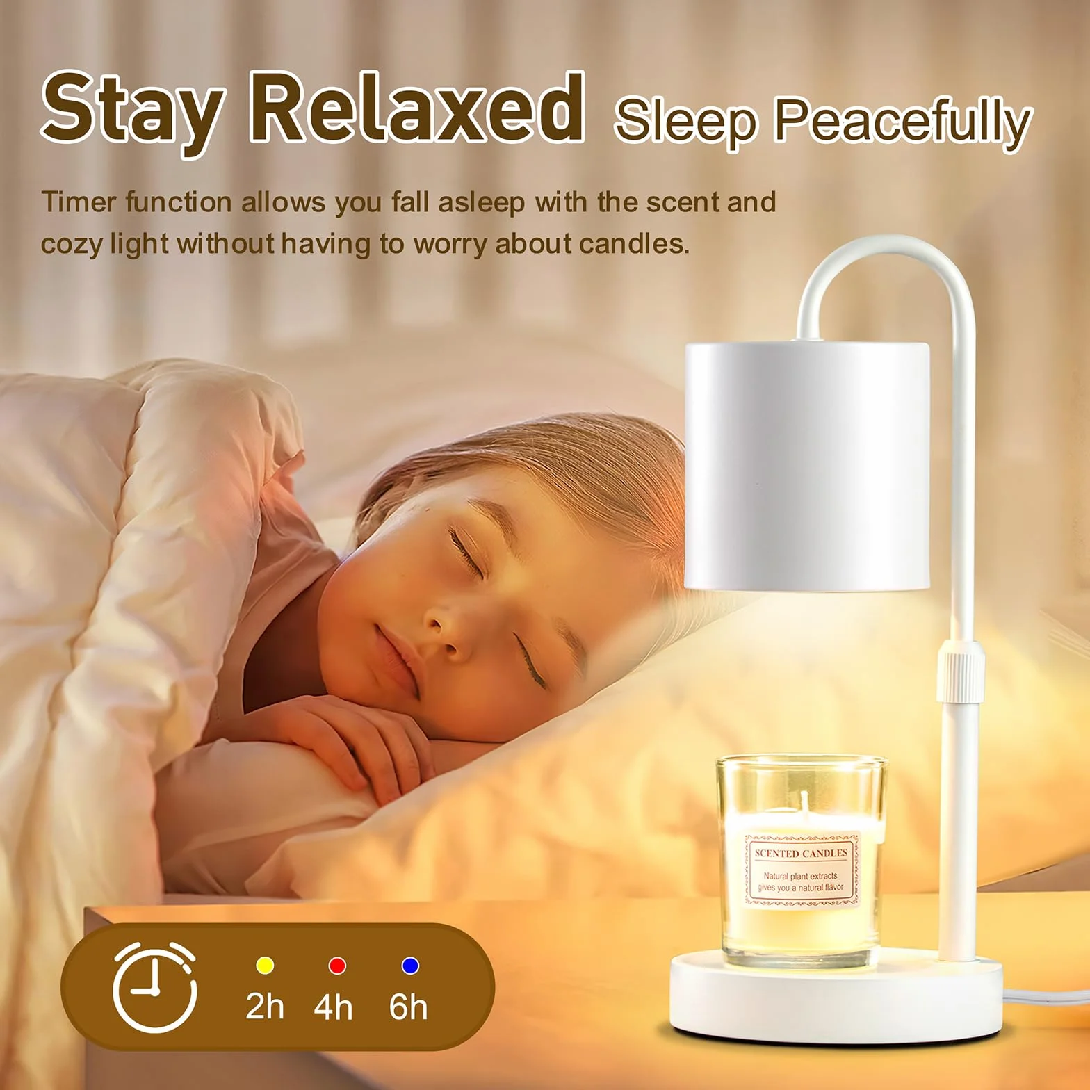 Briever Lampe chauffe-bougie électrique avec minuterie et variateur d'intensité, pour bougies en pot, hauteur réglable avec 2 ampoules et base en bois, cadeau pour femme, décoration d'intérieur, blanc