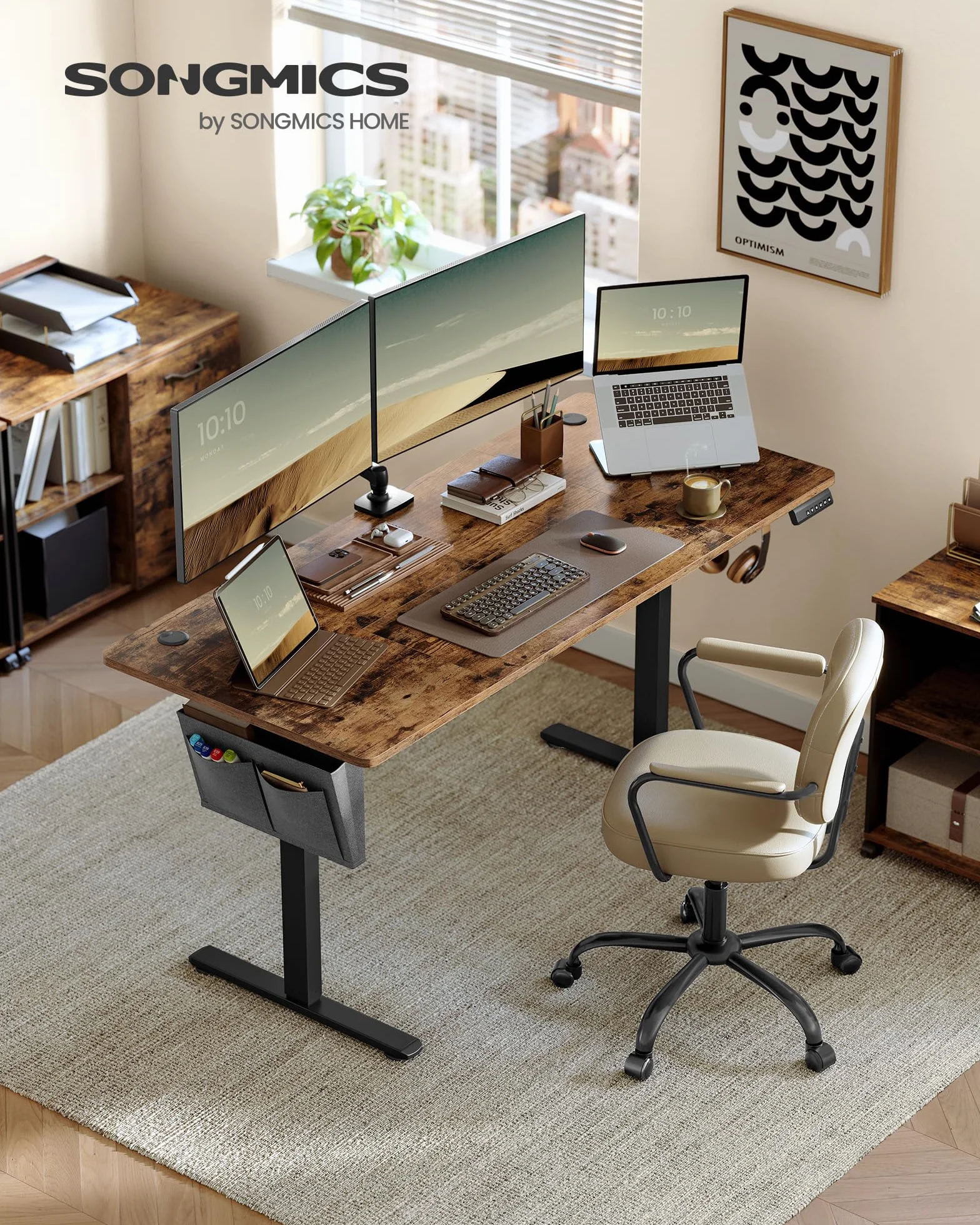 SONGMICS Bureau Électrique Réglable en Hauteur, 160 x 70 cm, Table Assis-Debout, Fonction Mémoire 4 Hauteurs, Marron Rustique et Noir