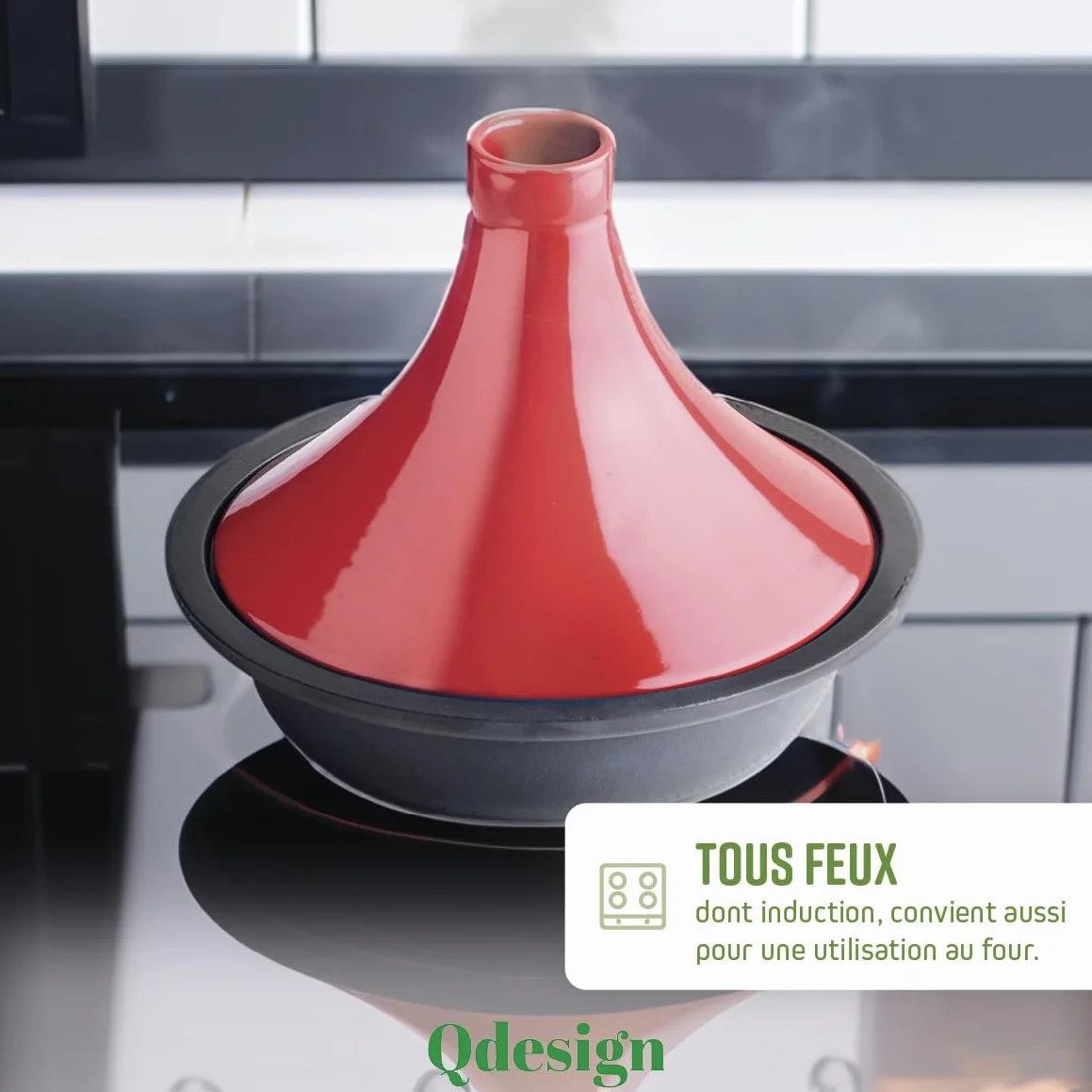 Qdesign - Tajine en fonte Ovale 29 cm - Contenance 2,4 L - Couvercle en céramique - Convient pour Induction - Passe au Four - Rouge