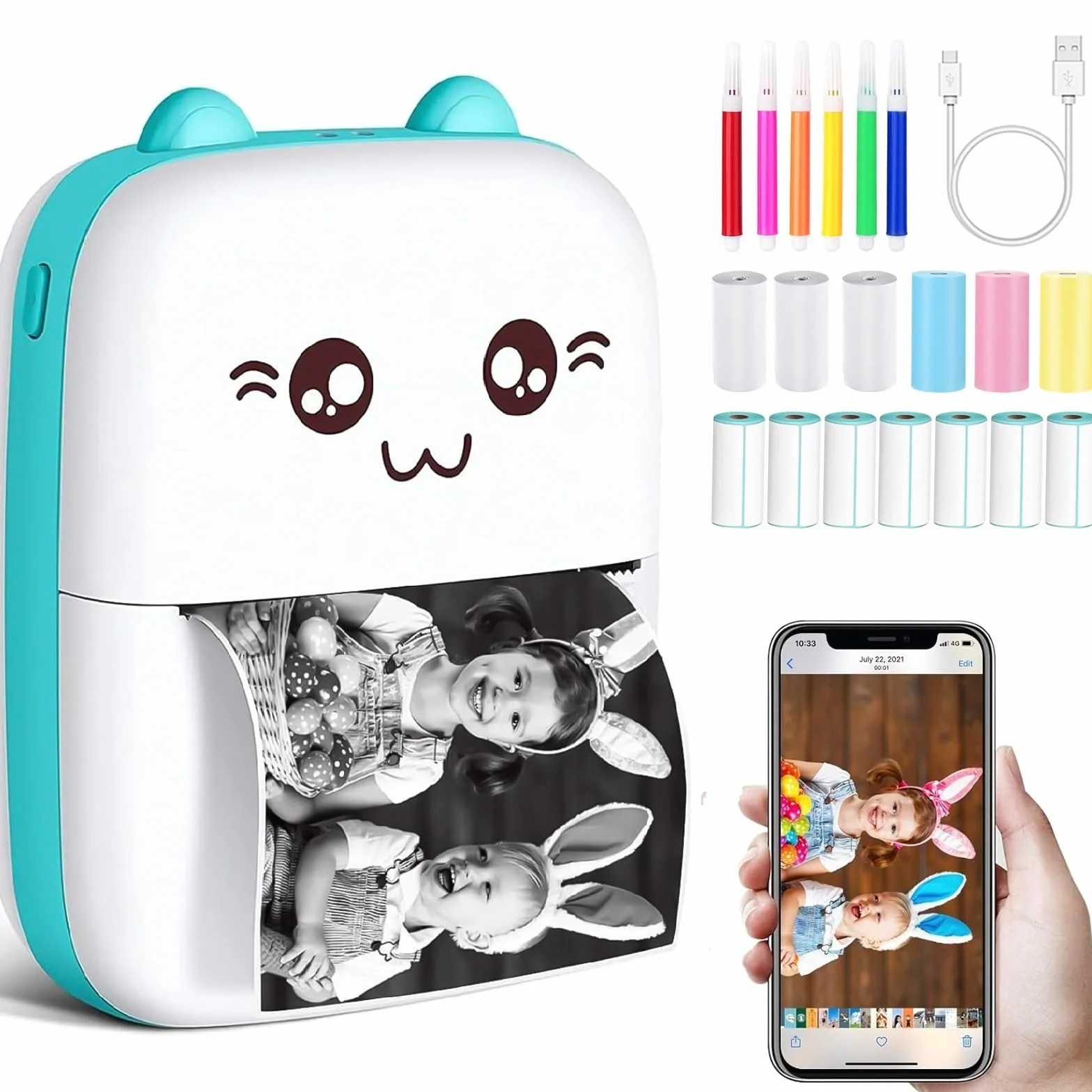 Mini Imprimante Portable Thermique Sans Encre Bluetooth Compatible Android iOS C9-Bleu