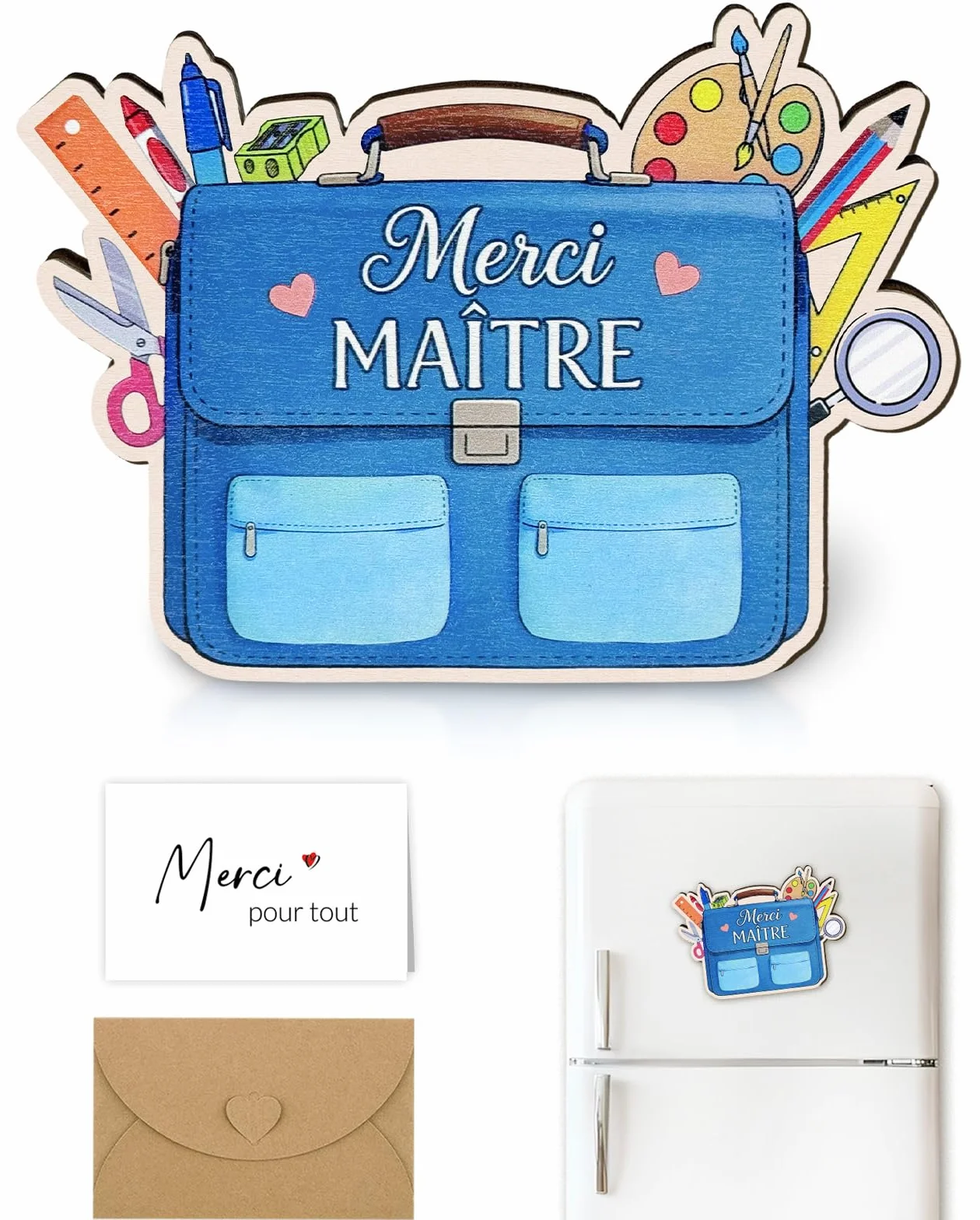 Magnet en Bois Merci Maitre d'école avec Carte de Vœux et Enveloppe, Cadeau Original Homme Professeur