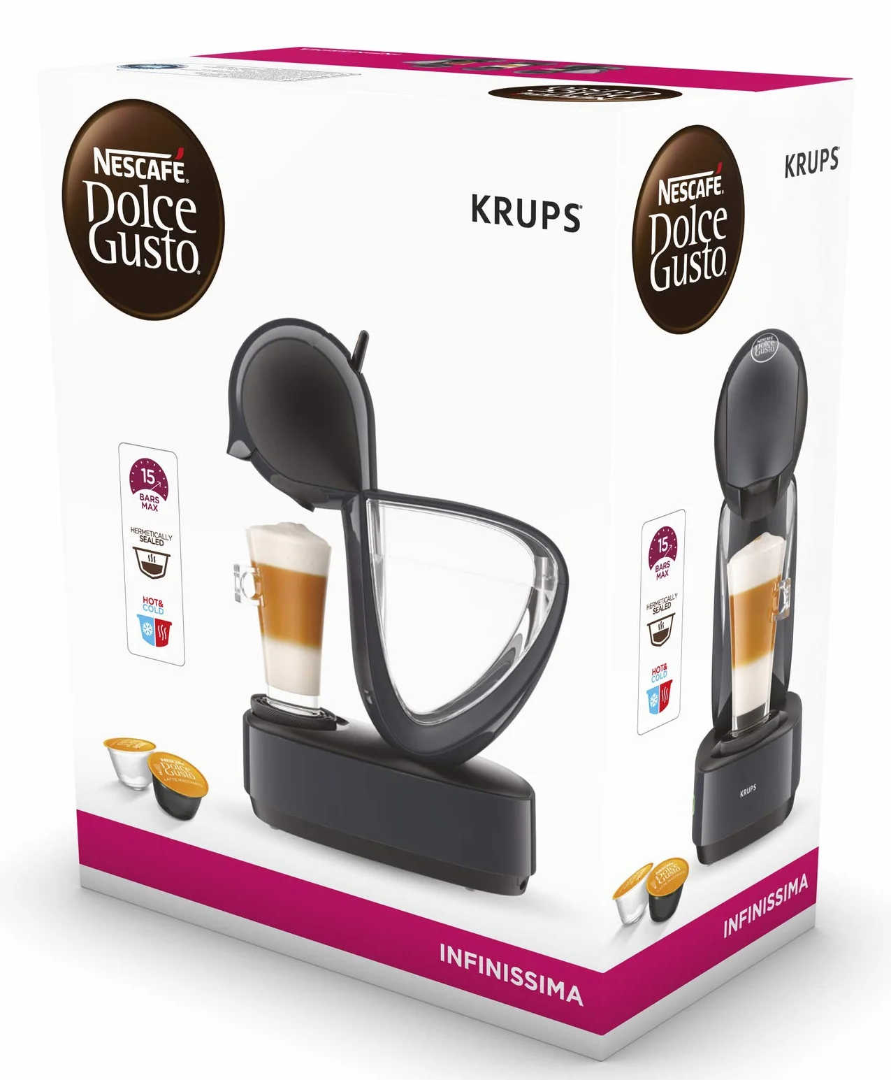 Krups Nescafé Dolce Gusto Machine à café capsules, 15 bars, Multi-boissons froides ou chaudes, Grand réservoir, Mode éco, Cafetière dosettes, Infinissima, Gris KP173B10