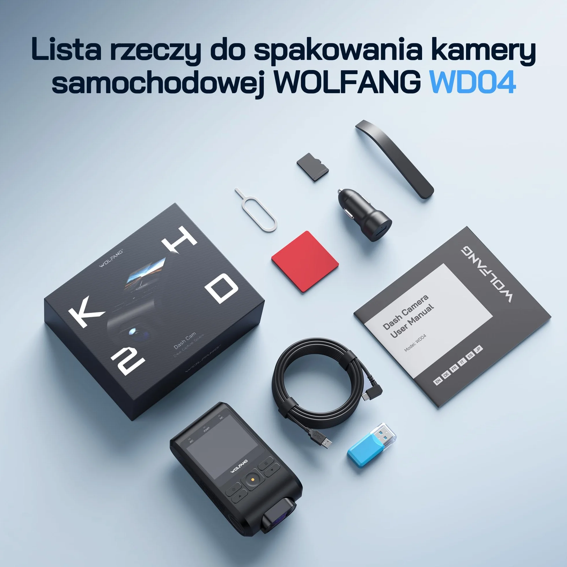 Kamera samochodowa WOLFANG 2.5K kamera samochodowa Wi-Fi z kartą SD 32 GB, podwójna kamera samochodowa z noktowizorem, nagrywanie w pętli, czujnik G, szeroki kąt 170, osłona parkowania