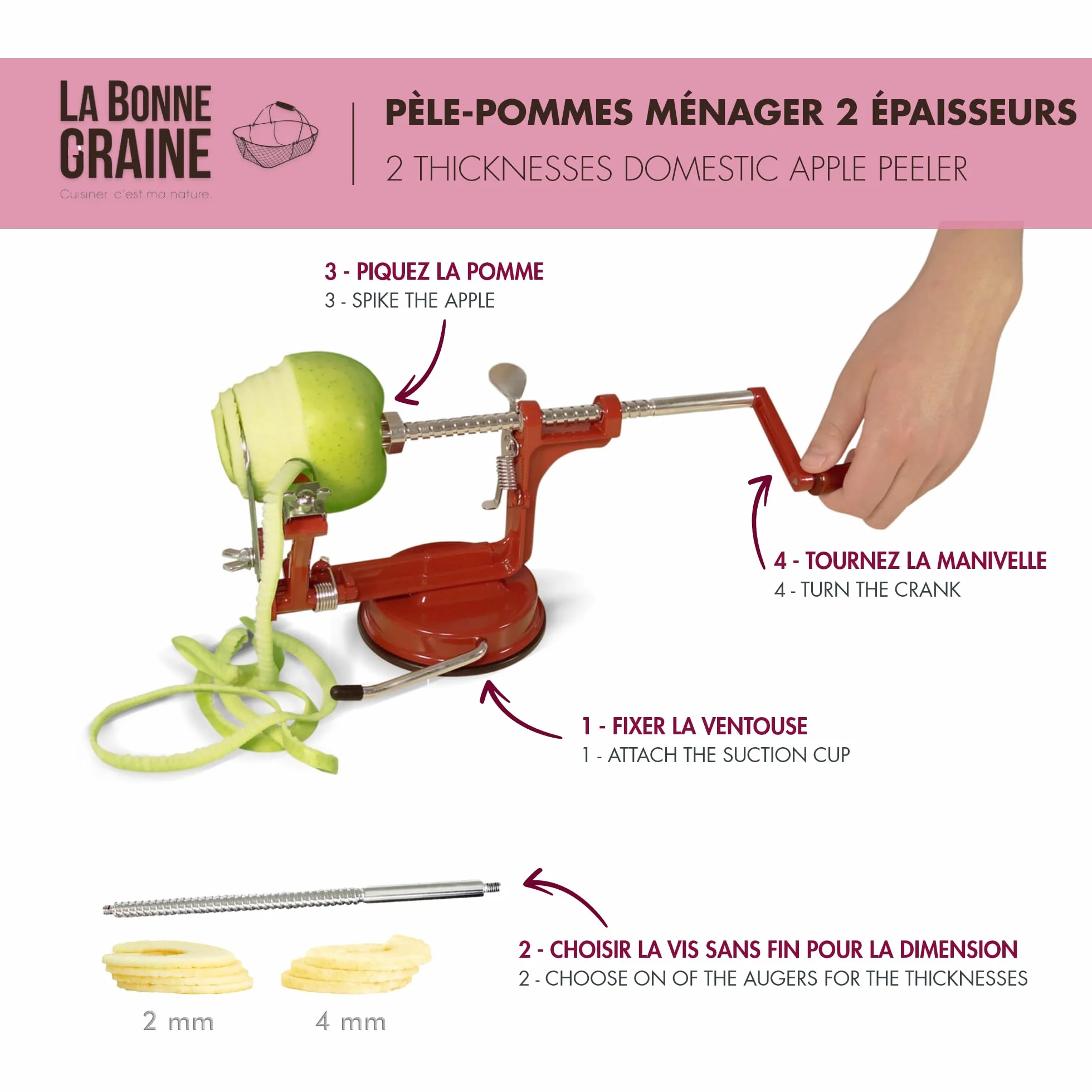 LA BONNE GRAINE - Pèle-Pomme Ventouse - 2 vis sans fin Incluses - Qualité Supérieure - Marque Française