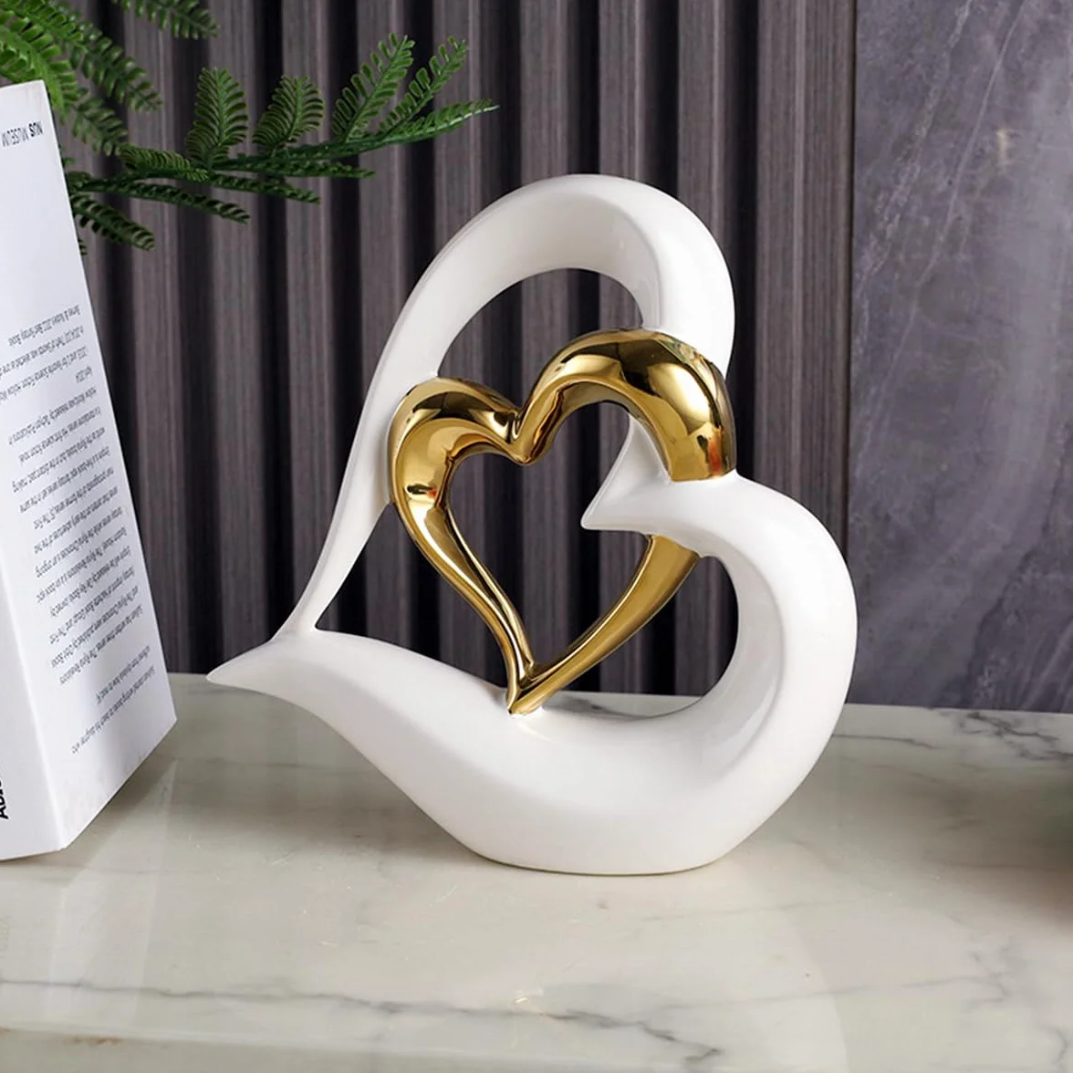 Statue en Céramique Double Cœur Décoration Maison Moderne 22 cm