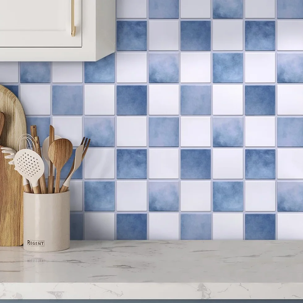Commomy Autocollants Muraux 3D Bleu et Blanc 30x30 cm PVC Carreaux de Cuisine Salle de Bain