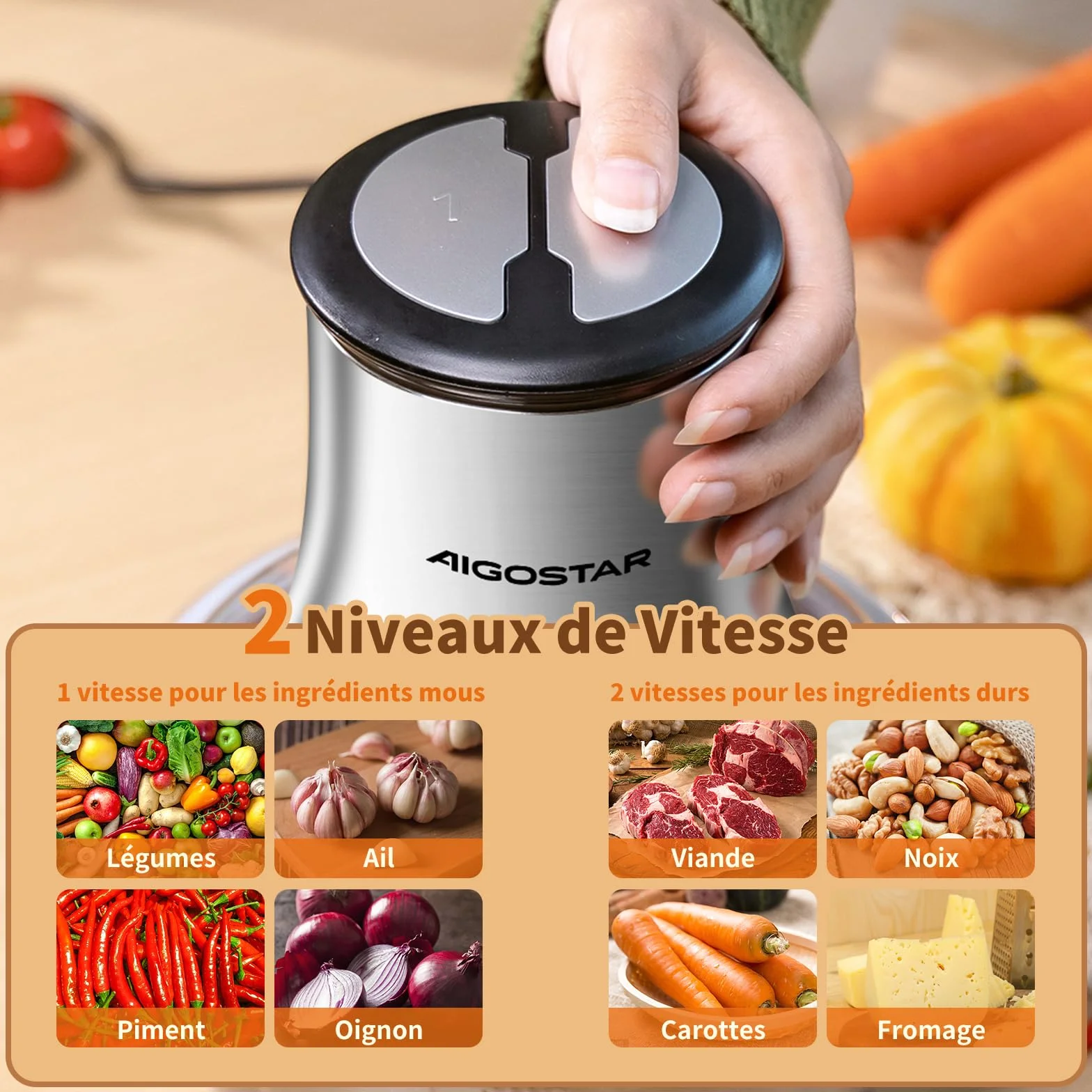 Aigostar Flor - Hachoir Électrique 500W avec Bol Inox 1.8L et 4 Lames. Mini Hachoir à Viande, Mixeur Multifonction 2 Vitesses pour Repas Bébé. Inclus Spatule, Sans BPA