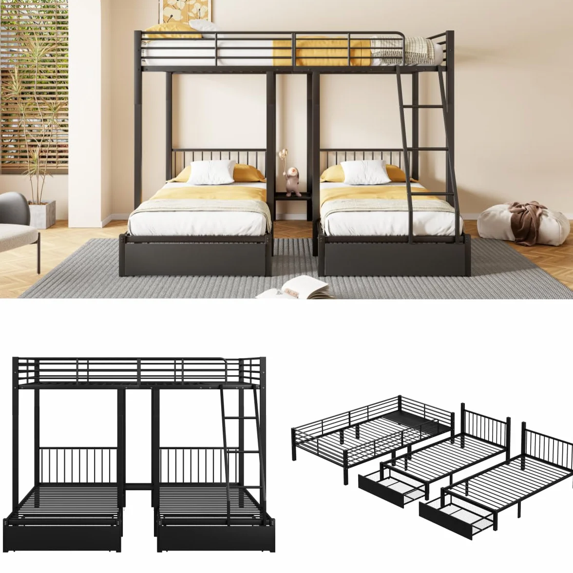 Sapgaks Lit superposé Triple avec tiroirs, lit Enfant,Convertible en Un lit Double 140 x 200 et Deux Lits Simples 90 x 200, lit Multifonctionnel avec Cadre métallique (Noir)
