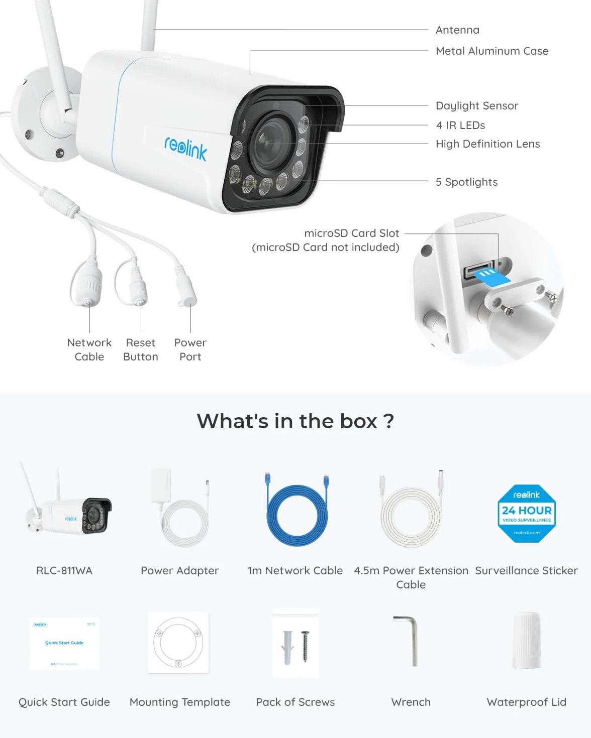 Reolink Zewnętrzna Kamera Bezpieczeństwa 4K 8 MP z 5-krotnym Zoomem Optycznym, Płynnym Zdalnym Podglądem z Nagrywaniem H.265, Wi-Fi 2,4/5 GHz, Kolorowym Noktowizorem, dwukierunkowe audio, RLC-811WA
