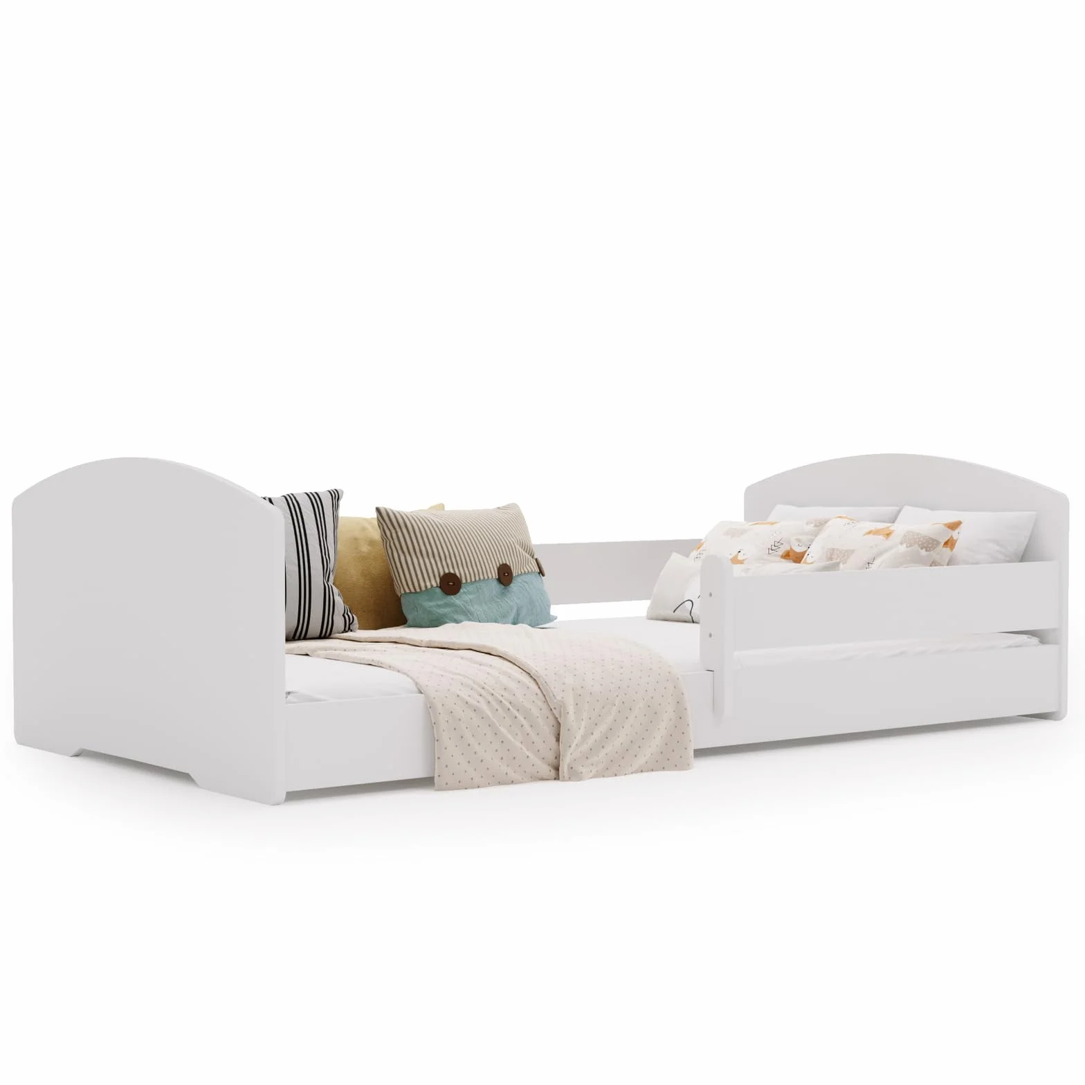 KOBI Lit Enfant Montessori Leo 140x70 avec Matelas et barrière Amovible – lit Bas sécurisé Blanc pour Chambre bébé et Enfant Style scandinave