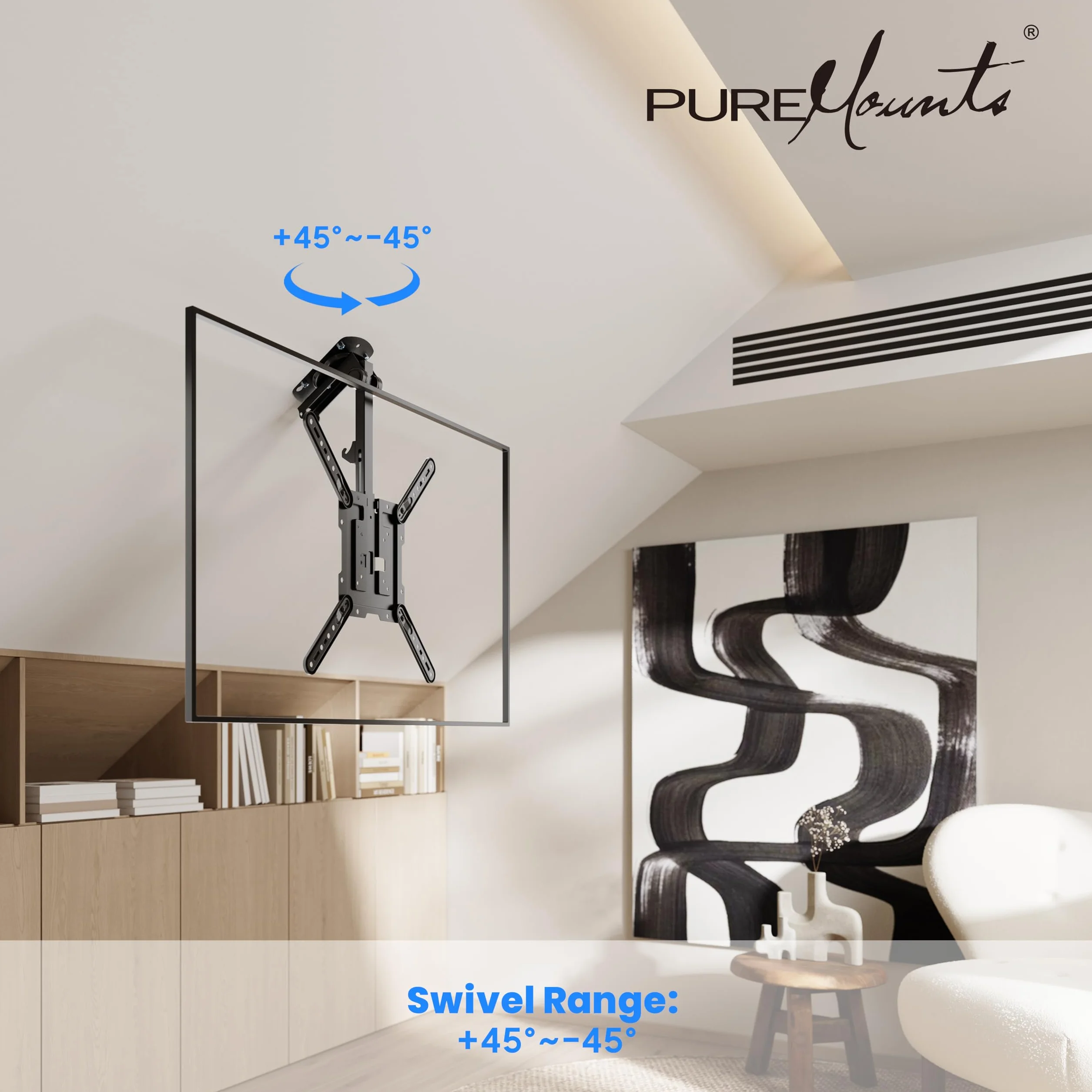 PureMounts Support TV pour Plafond, adapté aux téléviseurs 23-55 Pouces, Pliable, réglable en Hauteur, pivotant, inclinable, jusqu'à VESA 400x400, Noir